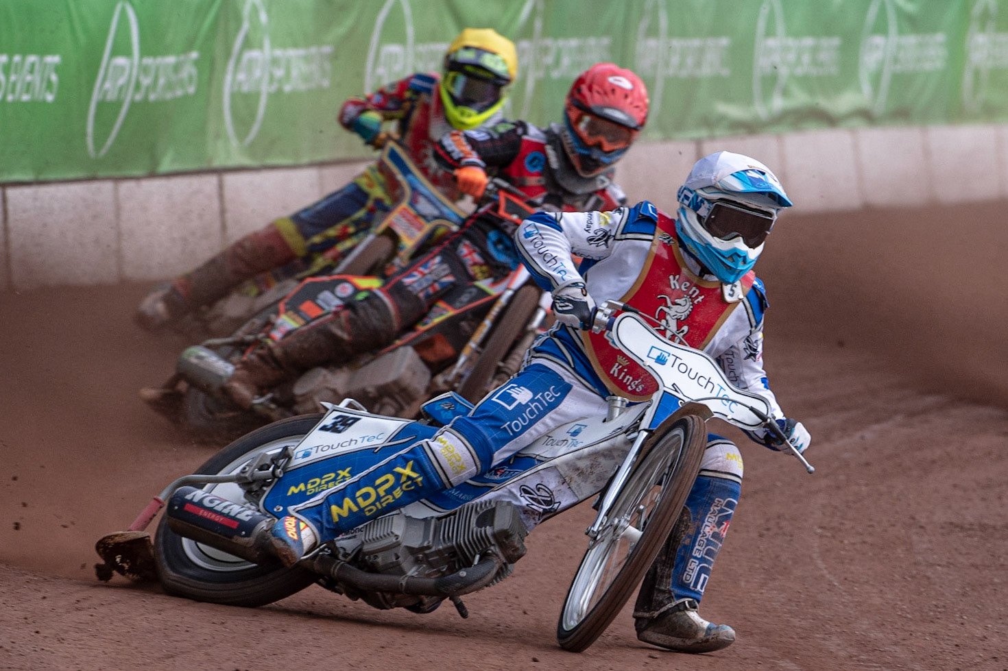 Photo: Ian Charles

Rob Ledwith  (White) leads Jordan Palin  (Red) and Nathan Ablitt  (Yellow)

Belle Vue Colts v Kent Kings, SGB National League KO Cup Quarter Final 1st Leg, Belle Vue National Speedway Stadium, Manchester, Thursday 20  June  2019