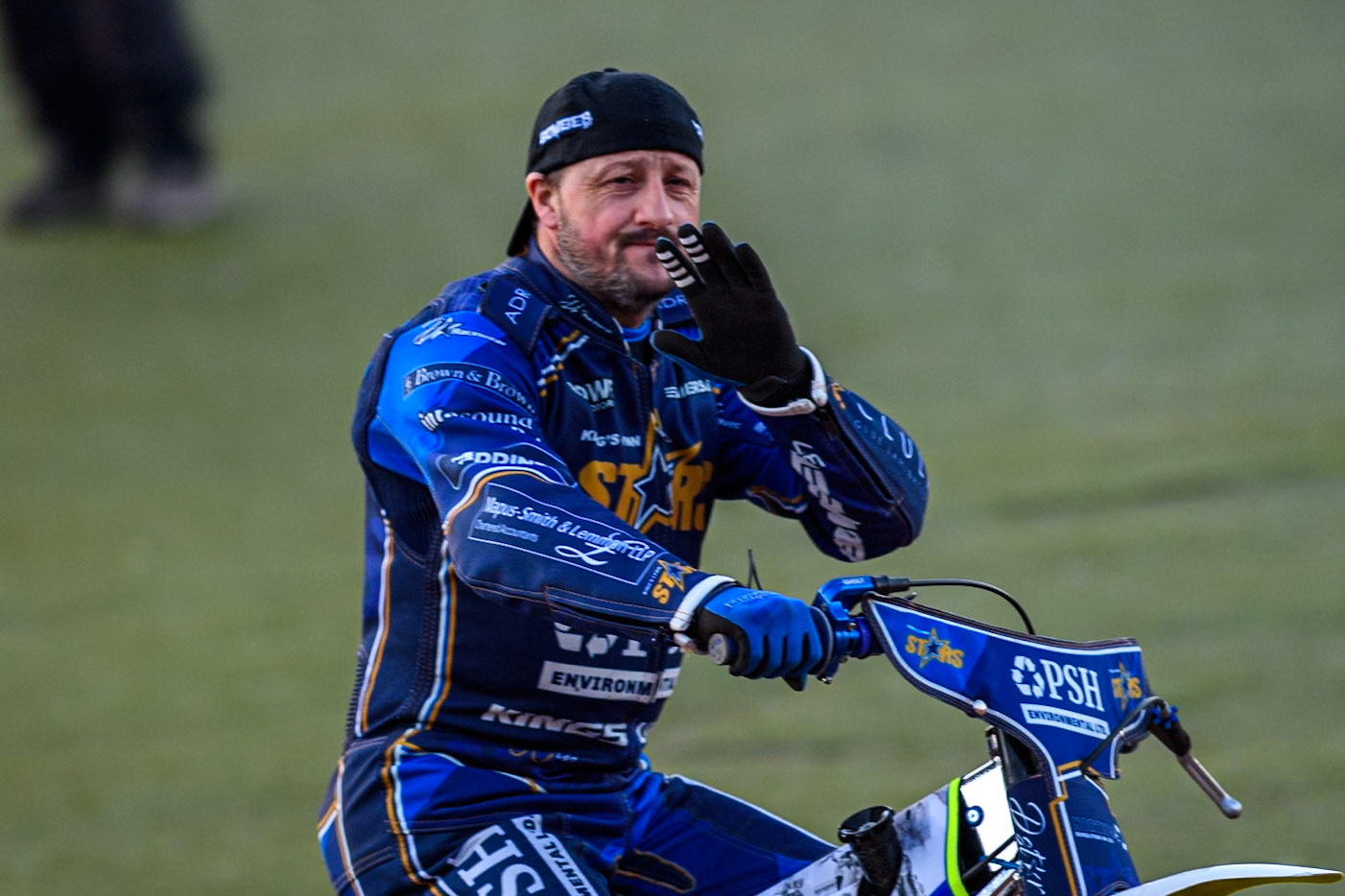 Chris Harris of Kings Lynn Stars on the parade lap  during the Rowe Motor Oil Premiership match between Belle Vue Aces and King's Lynn Stars at the National Speedway Stadium, Manchester on Monday 5th April 2025. (Photo: Ian Charles | MI News)