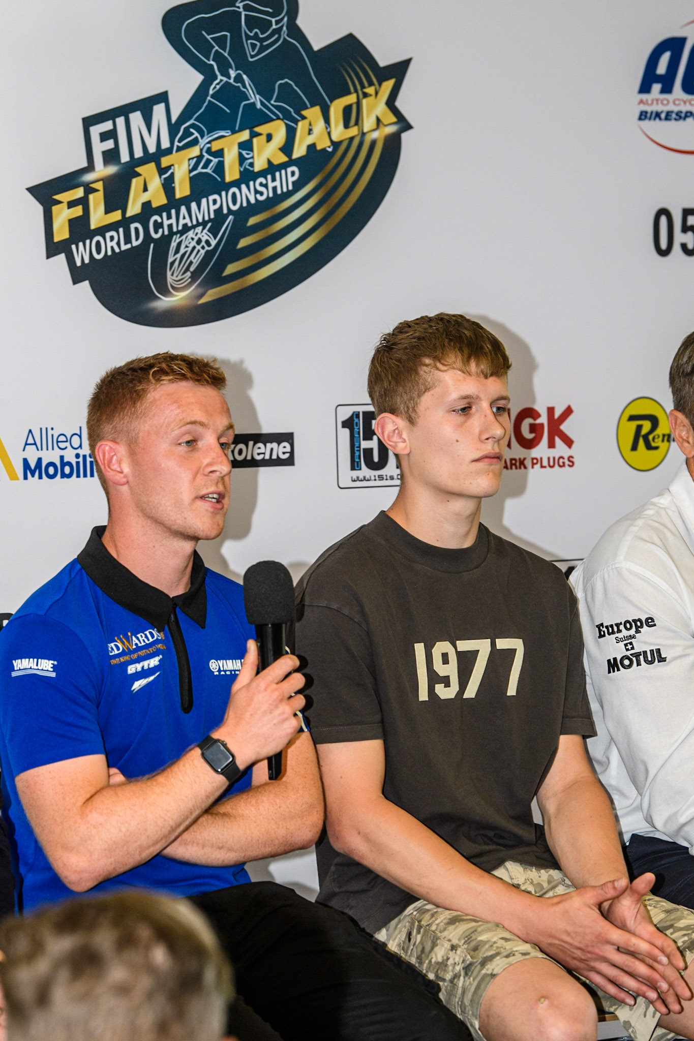 Flat Track riders Tim Neave (left), and Archie May during the FIM Flat Track World Championship &amp; FIM Women's Speedway Academy Launch at the National Speedway Stadium, Manchester on Monday 3rd July 2023. (Photo: Ian Charles | MI News)
