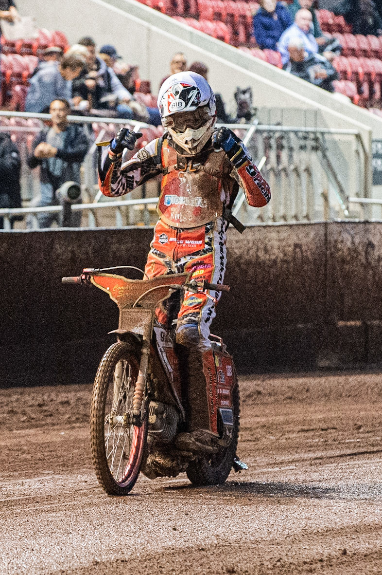Photo: Ian Charles

Drew Kemp  celebrates his win in heat 15 and an away win for the Kings 

Belle Vue Colts v Kent Kings, SGB National League, Belle Vue National Speedway Stadium, Manchester, Thursday 1  August  2019
