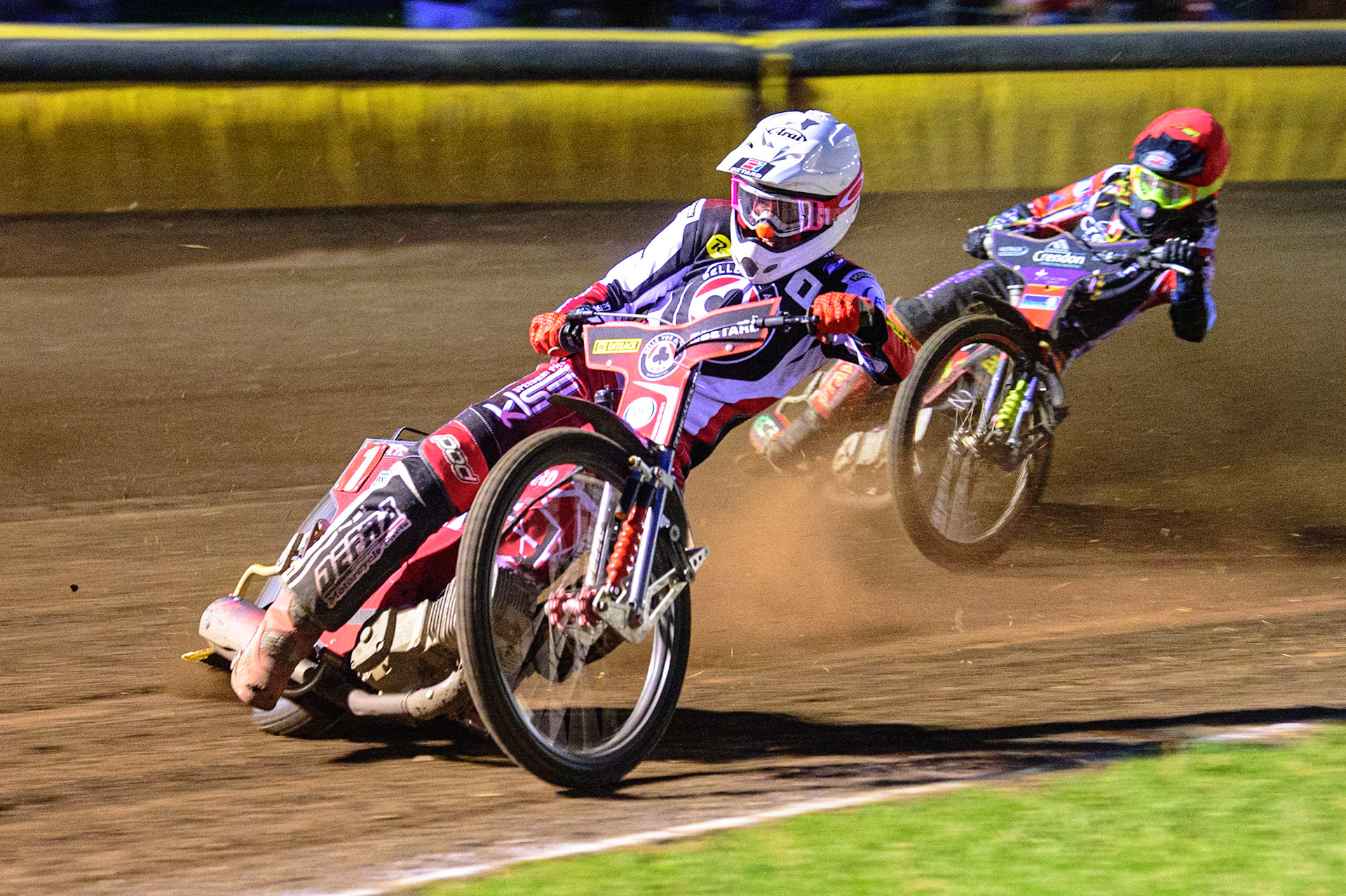 PETERBOROUGH, UK. MAY 9TH  Max Fricke  (White) leads Michael Palm Toft  (Red) during the SGB Premiership match between Peterborough Panthers and Belle Vue Aces at East of England Showground, Peterborough on Monday 9th May 2022. (Credit: Ian Charles | MI News)
