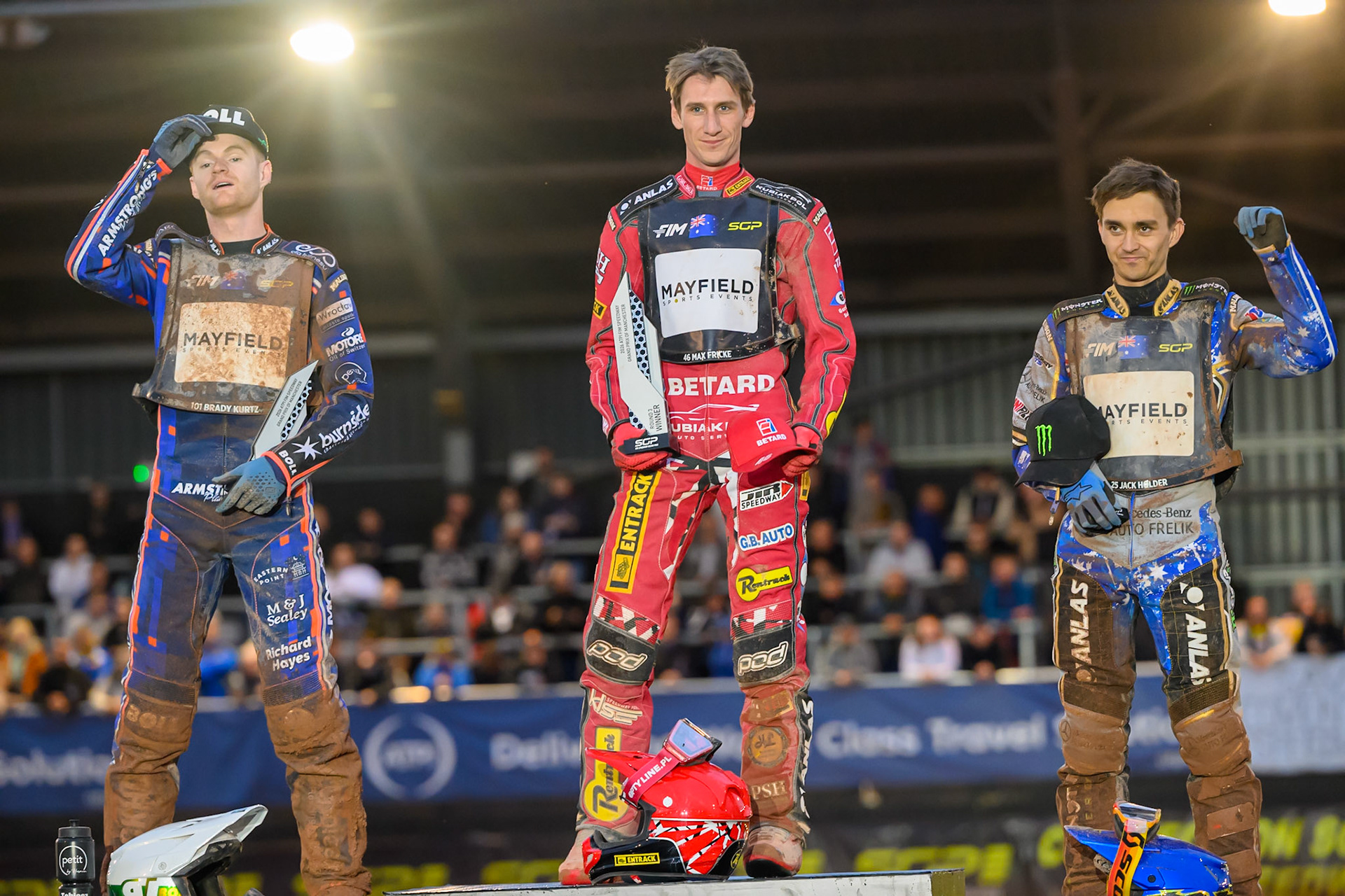 Top3: (L to R) Brady Kurtz (2nd), Max Fricke (Winner), Jack Holder (3rd)   during the ATPI  FIM Speedway GP of Manchester at the National Speedway Stadium, Manchester on Friday 5th June 2026. (Photo: Ian Charles | MI News)