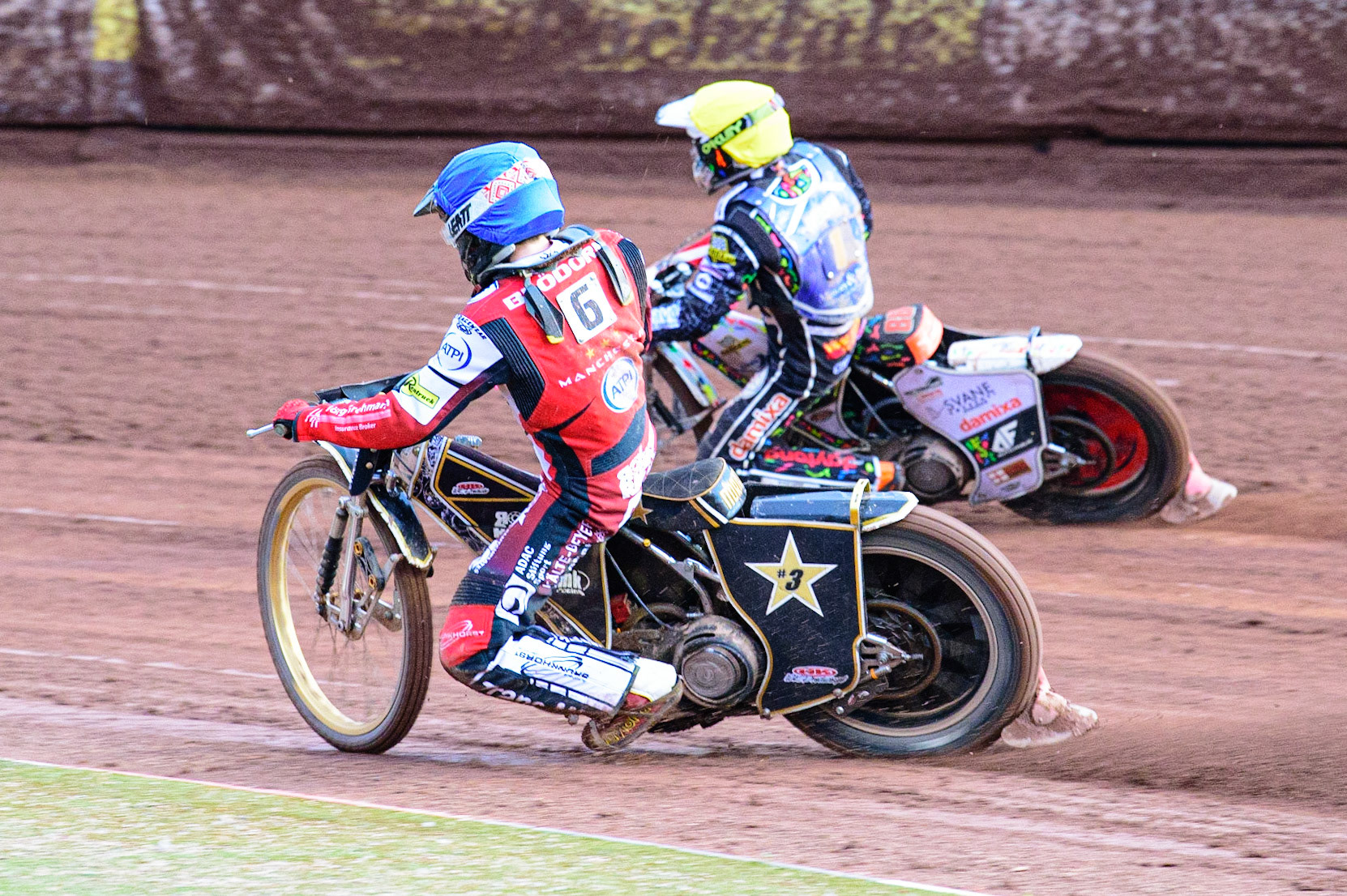 MANCHESTER, UK. MAY 16TH  Norick Blödorn  (Blue) inside Niels-Kristian Iversen  (Yellow) during the SGB Premiership match between Belle Vue Aces and King's Lynn Stars at the National Speedway Stadium, Manchester on Monday 16th May 2022. (Credit: Ian Charles | MI News)