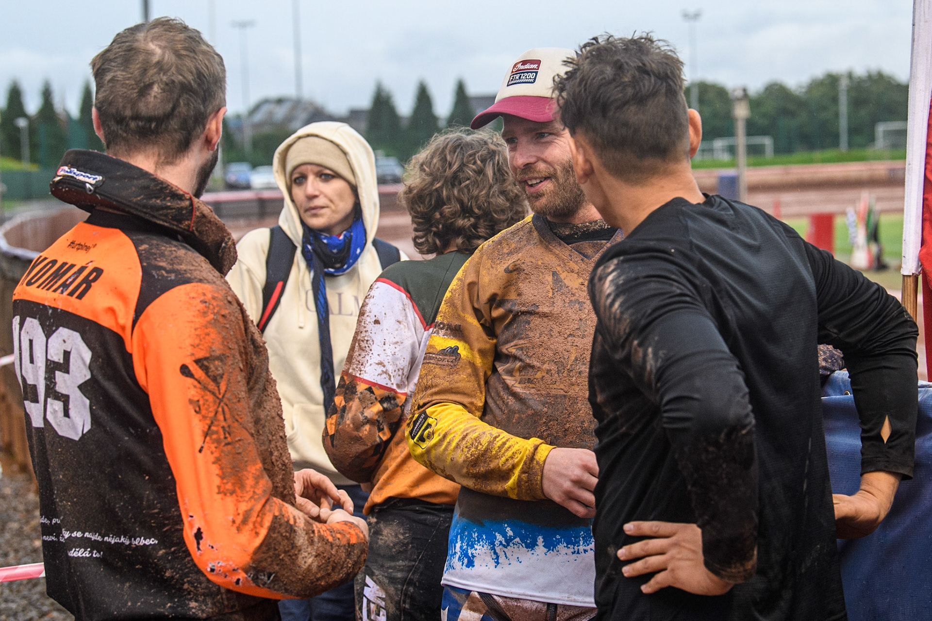 Tomáš Kolařík (193) (left), with Ervin Krajčovič (34) (centre0 and Ondřej Svědík (22) from Czech Rep. discuss the track during the FIM World Flat Track Championship Round 1 at the National Speedway Stadium, Manchester on Saturday 5th August 2023. (Photo: Ian Charles | MI News)