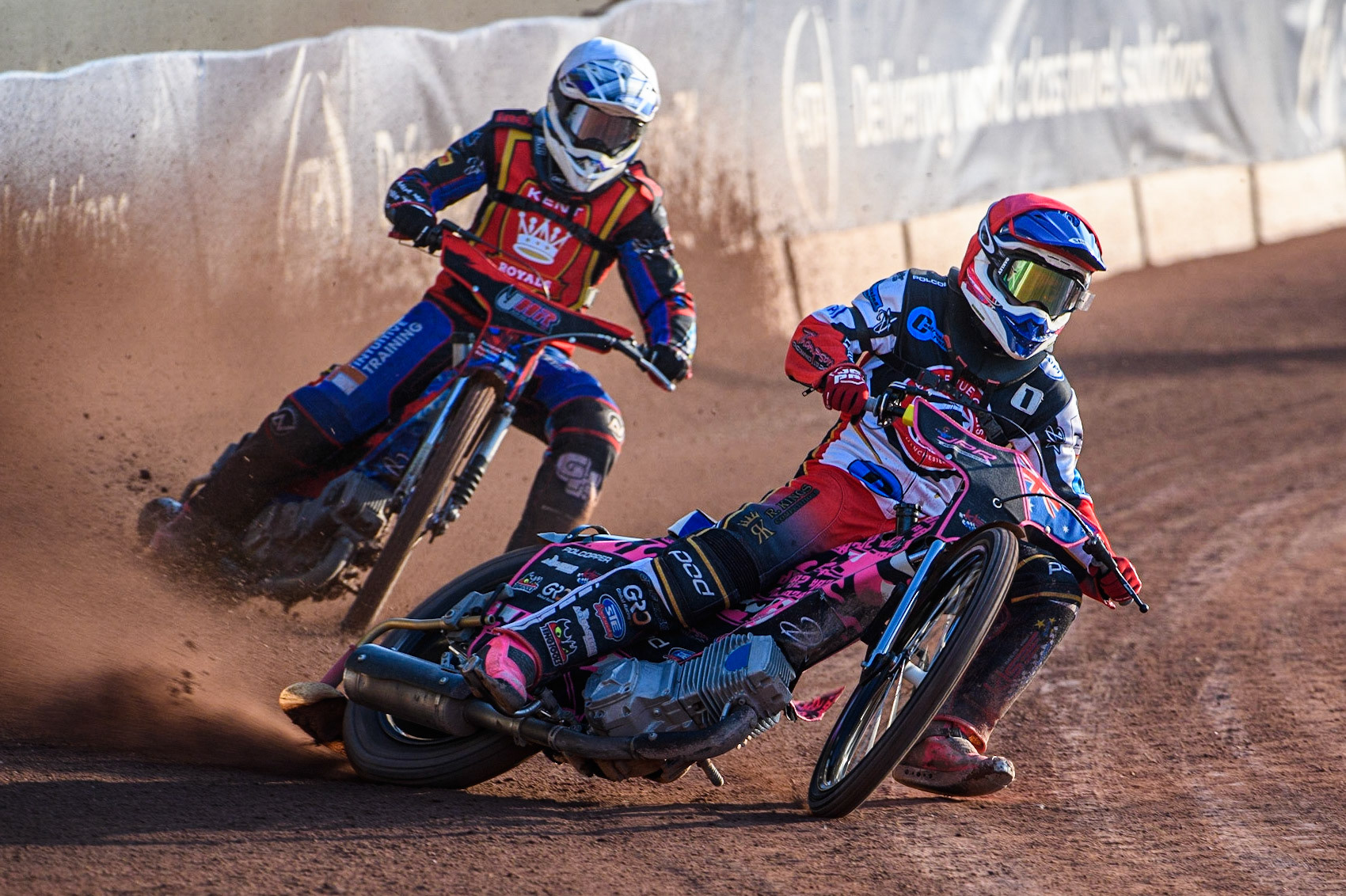 James Pearson (Red) leads Jacob Hook (White) during the National Development League match between Belle Vue Colts and Kent Royals at the National Speedway Stadium, Manchester on Friday 7th July 2023. (Photo: Ian Charles | MI News)