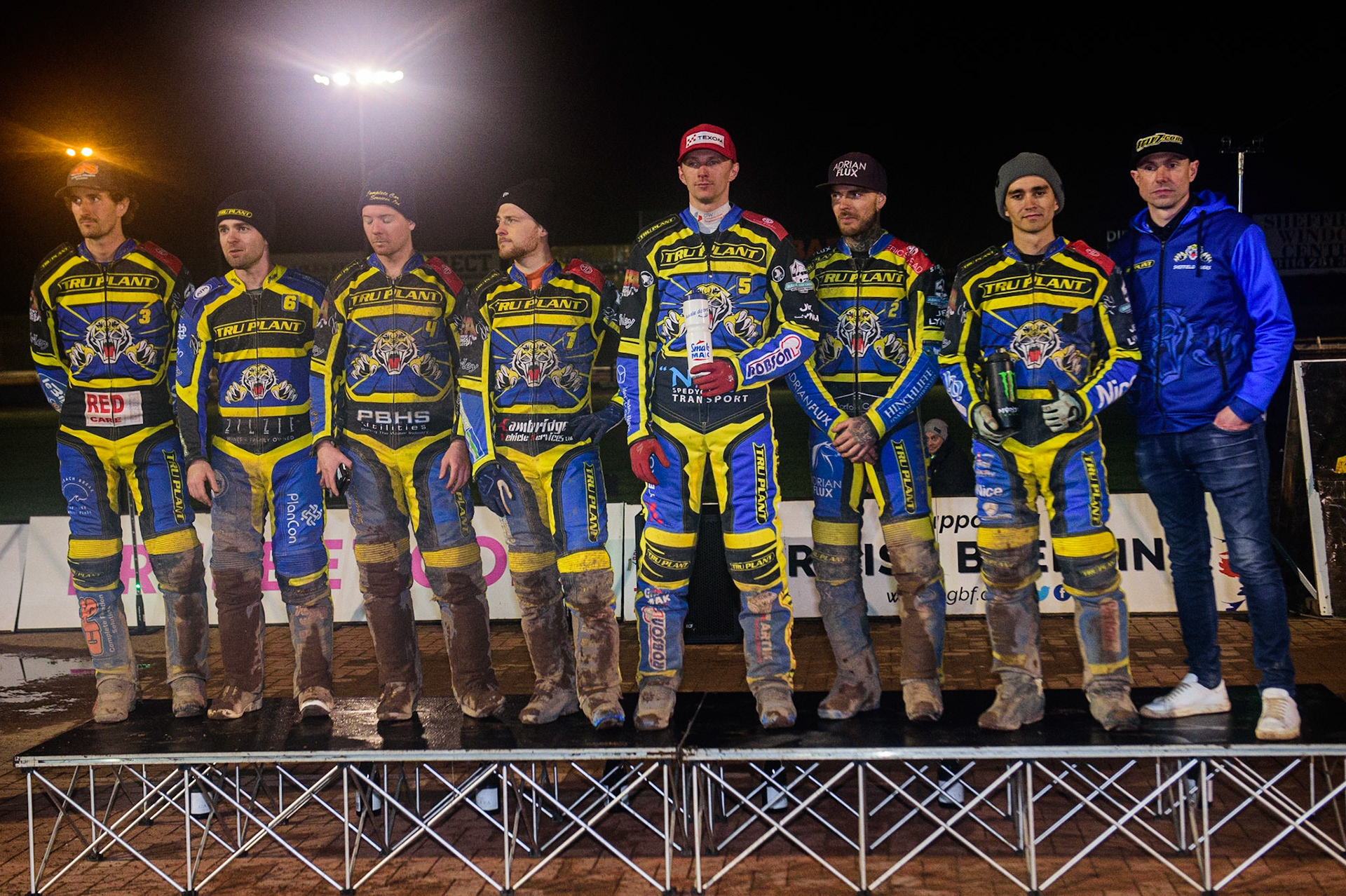The Sheffield TruPlant Tigers  - Runners up (l - r) Adam Ellis, Justin Sedgmen, Kyle Howarth, Connor Mountain, Tobiasz Musielak, Lewis Kerr, Jack Holder, and Team Manager Simon Stead   during the SGB Premiership Grand Final 2nd Leg between Sheffield Tigers and Belle Vue Aces at Owlerton Stadium, Sheffield on Thursday 13th October 2022. (Credit: Ian Charles | MI News)