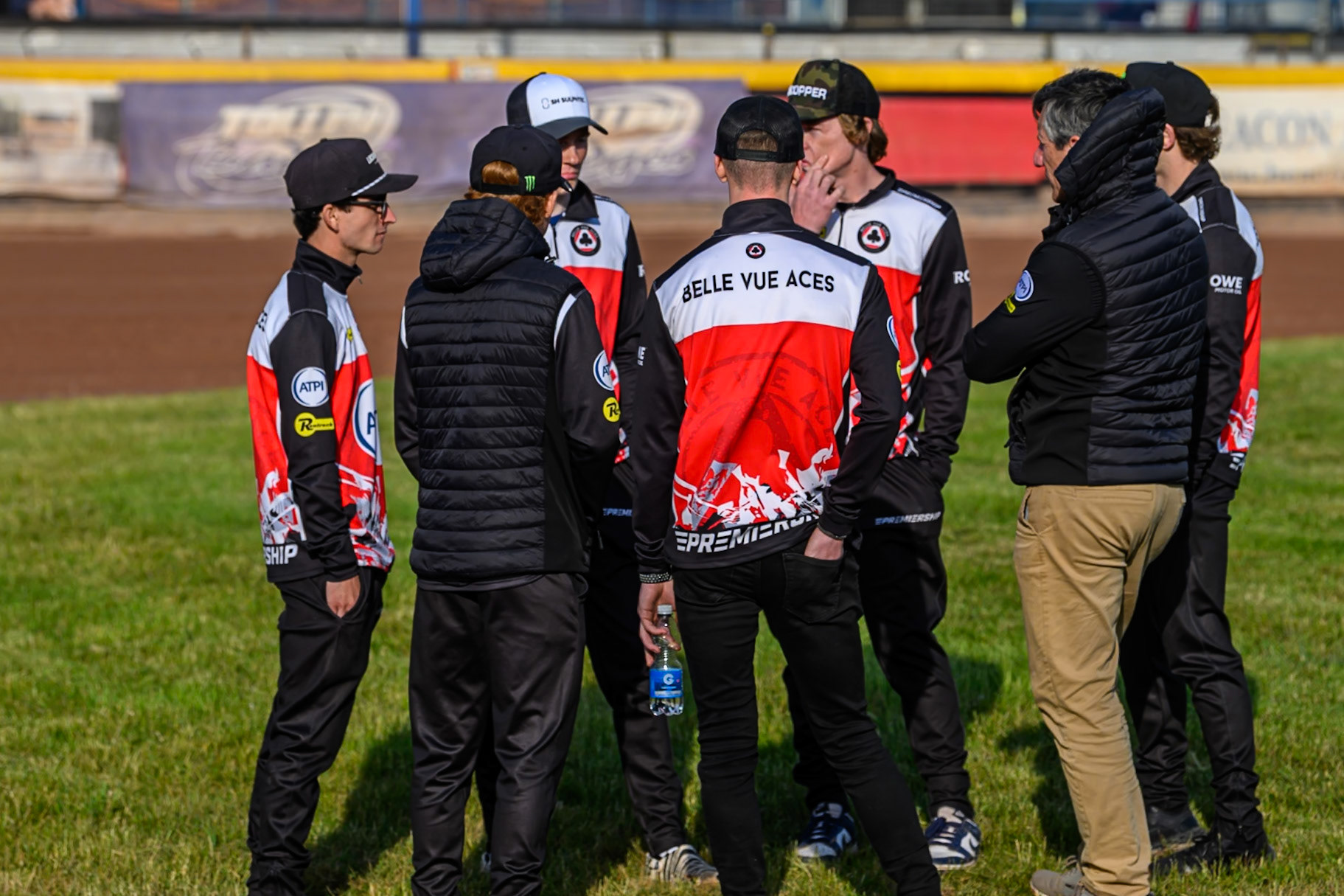 Belle Vue ATPI Aces team meeting after their track walk during the Rowe Motor Oil Premiership match between Birmingham Brummies and Belle Vue Aces at Perry Bar Stadium, Birmingham on Monday 2nd June 2025. (Photo: Ian Charles | MI News)