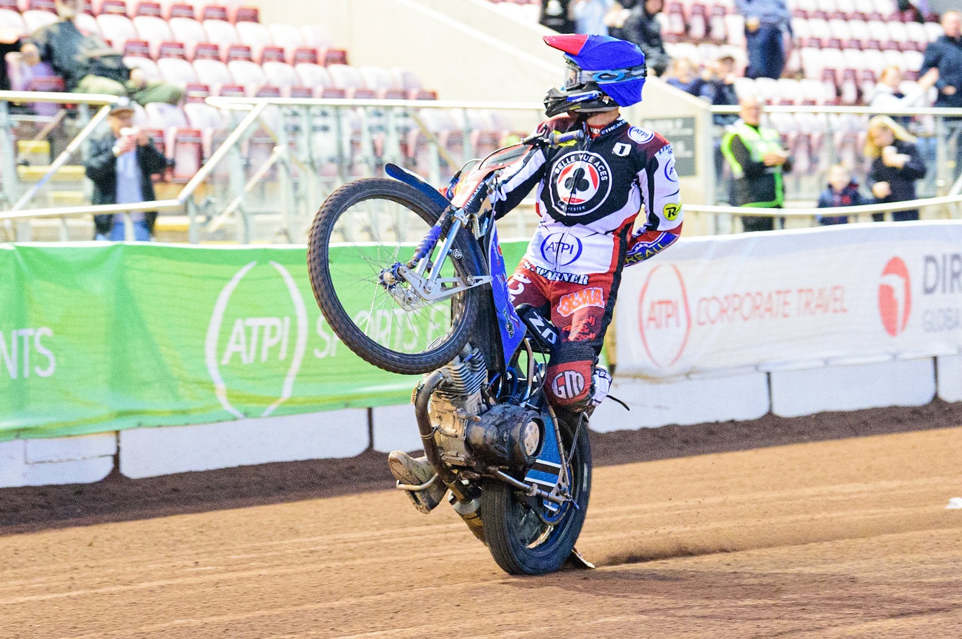 Matej Zagar celebrates with a wheelie during the SGB Premiership match between Belle Vue Aces and Peterborough at the National Speedway Stadium, Manchester on Monday 25th July 2022. (Credit: Ian Charles | MI News