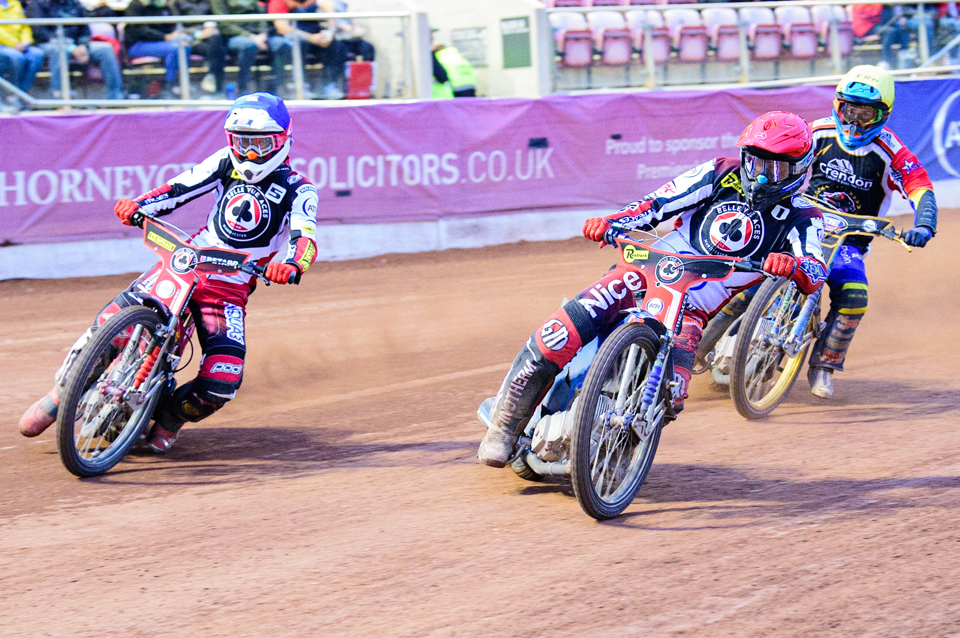 Matej Zagar (Red) and Max Fricke  (Blue) lead Justin Sedgmen   (Yellow) during the SGB Premiership match between Belle Vue Aces and Peterborough at the National Speedway Stadium, Manchester on Monday 25th July 2022. (Credit: Ian Charles | MI News