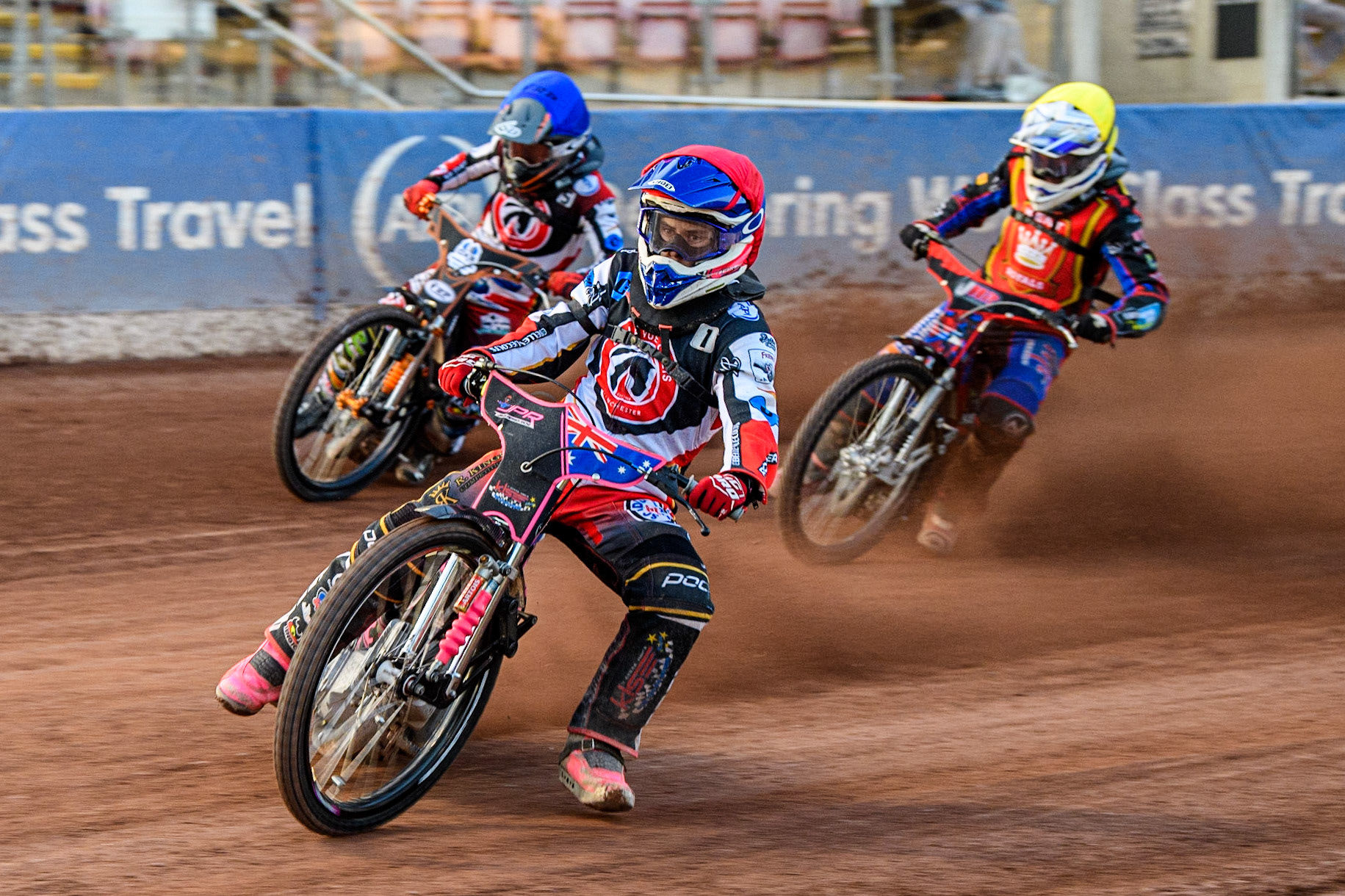 James Pearson (Red) leads Jack Smith (Blue) and Jacob Hook (Yellow) during the National Development League match between Belle Vue Colts and Kent Royals at the National Speedway Stadium, Manchester on Friday 7th July 2023. (Photo: Ian Charles | MI News)