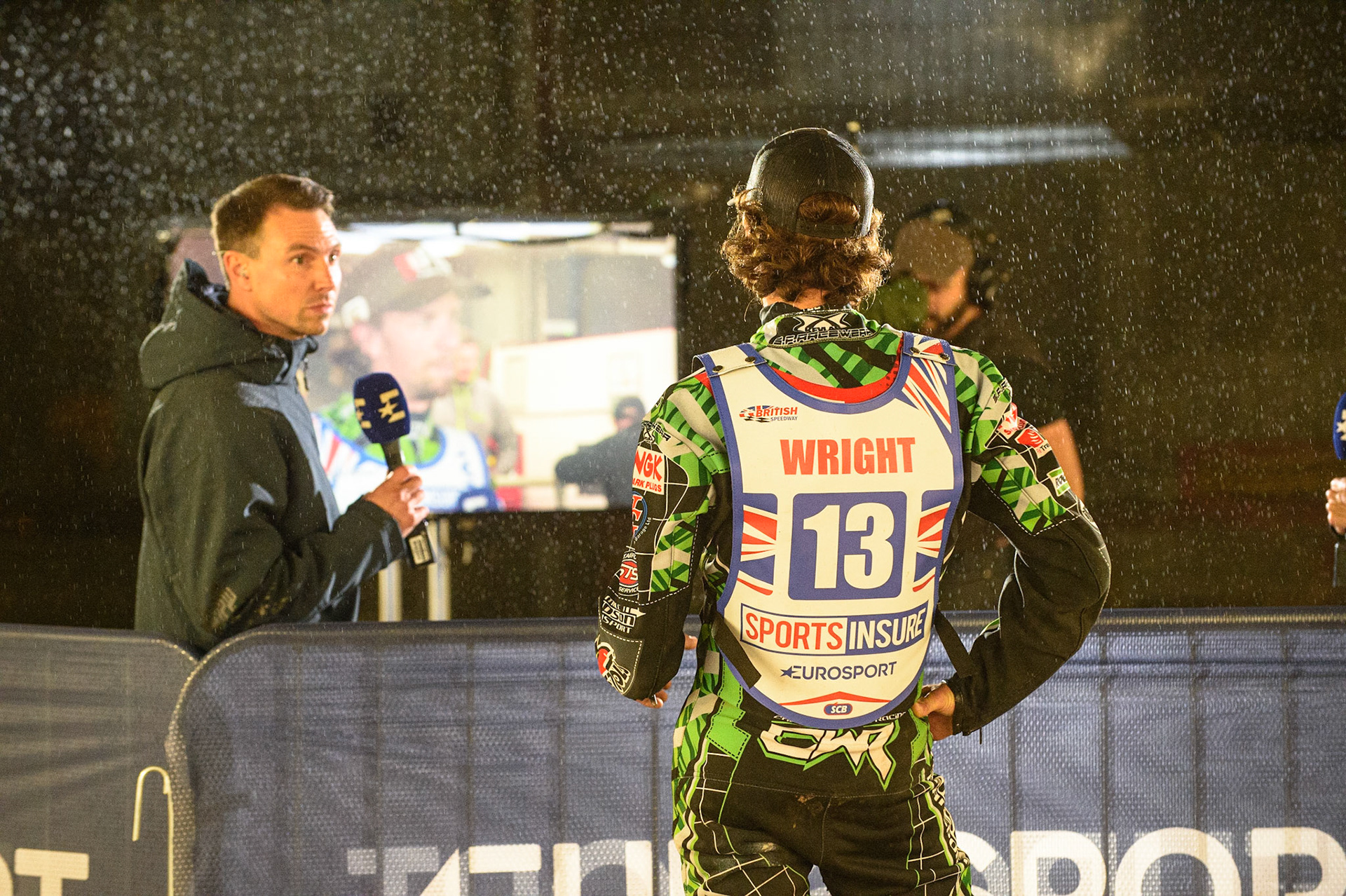 MANCHESTER, UK. AUGUST 16TH   Charles Wright  is interviewed by Simon Stead during the Sports Insure British Speedway Finals at the National Speedway Stadium, Manchester on Monday 16th August 2021. (Credit: Ian Charles | MI News)