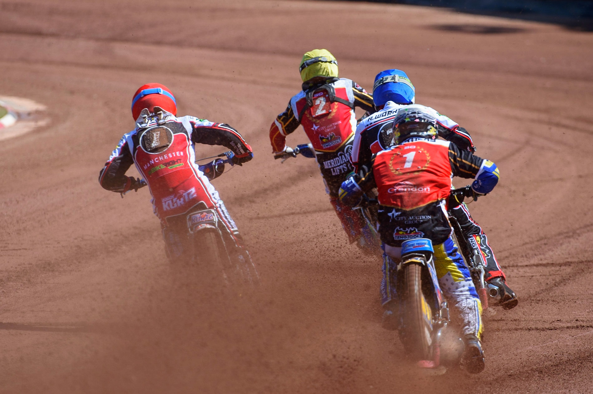 MANCHESTER, UK. MAY 31ST  Hans Andersen  (Yellow) leads Bjarne Pedersen  (White), Richie Worrall  (Blue) and Brady Kurtz  (Red) during the SGB Premiership match between Belle Vue Aces and Peterborough at the National Speedway Stadium, Manchester on Monday 31st May 2021. (Credit: Ian Charles | MI News)