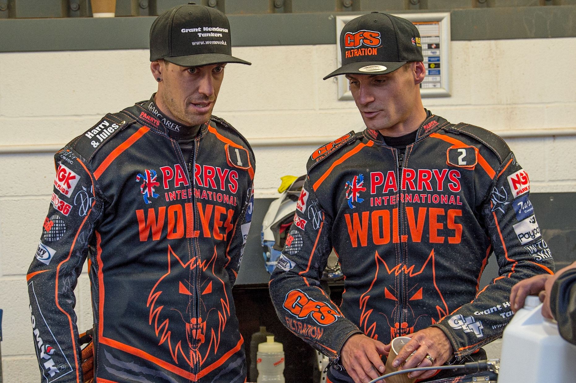 MANCHESTER, UK. JUN 13TH Sam Masters  (left) and Steve Worrall  chat during the interval  during the SGB Premiership match between Belle Vue Aces and Wolverhampton  Wolves at the National Speedway Stadium, Manchester on Monday 13th June 2022. (Credit: Ian Charles | MI News)