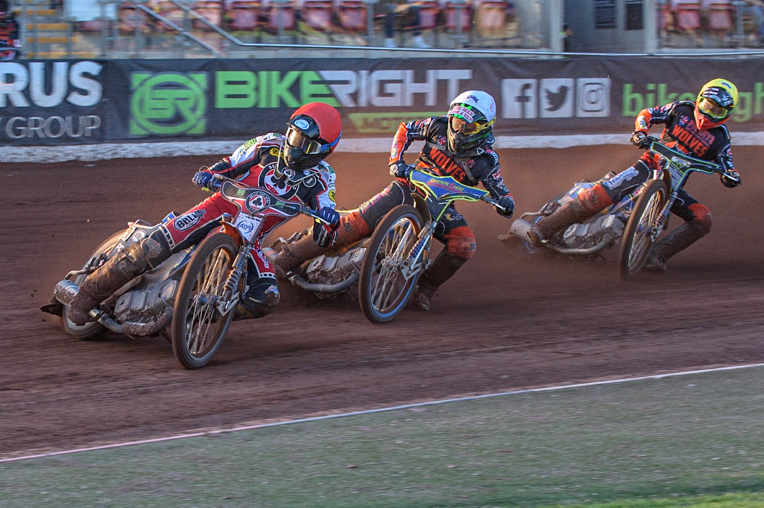 MANCHESTER, UK. JULY 15TH   Brady Kurtz  (Red) leads Nick Morris  (White) and Ryan Douglas  (Yellow) during the SGB Premiership match between Belle Vue Aces and Wolverhampton Wolves at the National Speedway Stadium, Manchester on Thursday 15th July 2021. (Credit: Ian Charles | MI News)