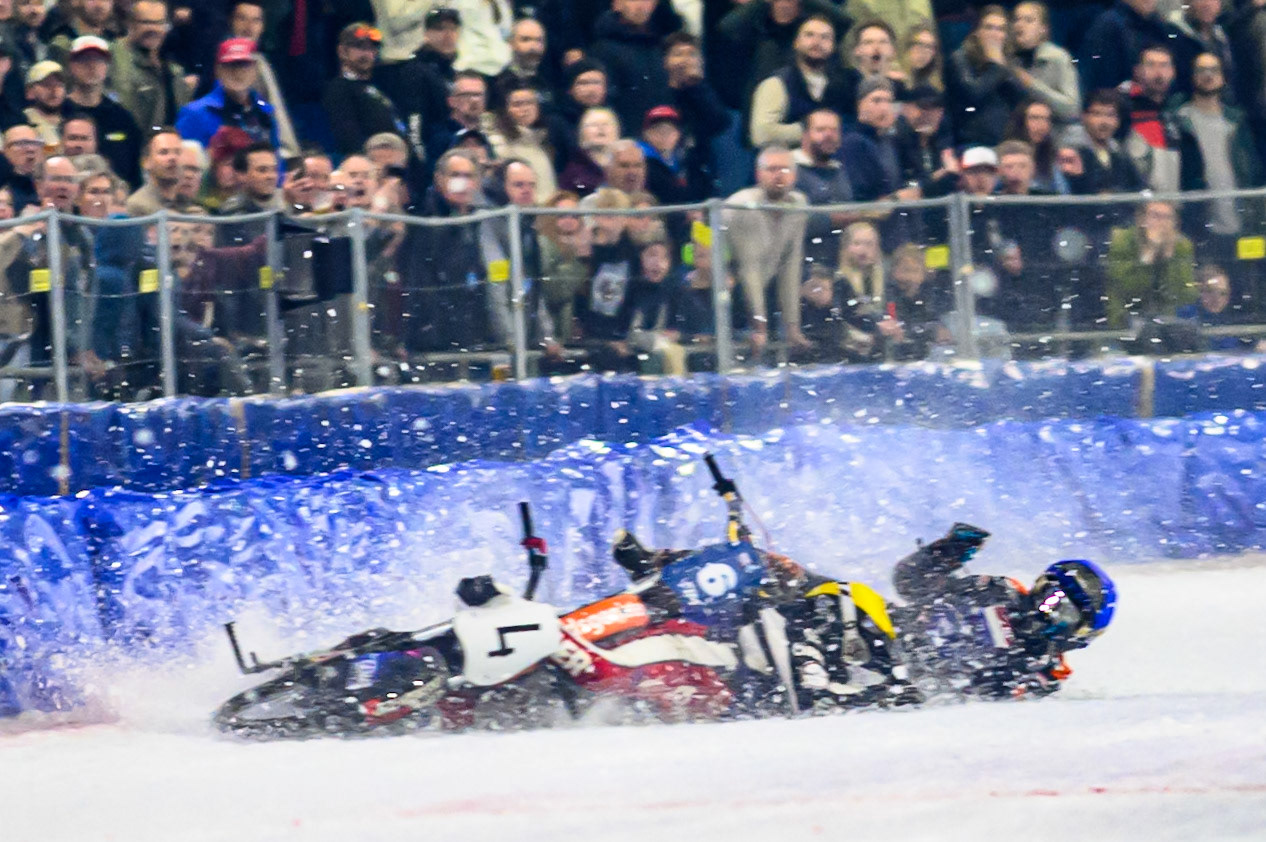 Martin Posch (4) of Austria  falls in the path of Sebastian Reitsma (6) of The Netherlands  who was unable to avoid crashing into him and his bike during the FIM Ice Speedway Of Nations at Ice Rink Thialf, Heerenveen on Sunday 12th April 2026. (Photo: Ian Charles | MI News)