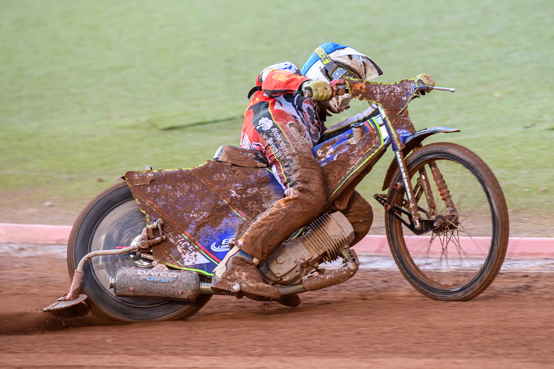 Belle Vue Aces' Jake Mulford  in action during the Rowe Motor Oil Premiership match between Belle Vue Aces and King's Lynn Stars at the National Speedway Stadium, Manchester on Monday 12th August 2024. (Photo: Ian Charles | MI News)