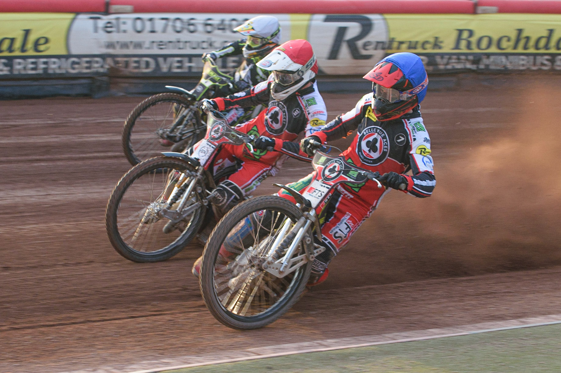 MANCHESTER, UK. JUNE 7TH   Jye Etheridge  (Blue) and Richie Worrall (Red) lead Jake Allen  (White) during the SGB Premiership match between Belle Vue Aces and Ipswich Witches at the National Speedway Stadium, Manchester on Monday 7th June 2021. (Credit: Ian Charles | MI News)