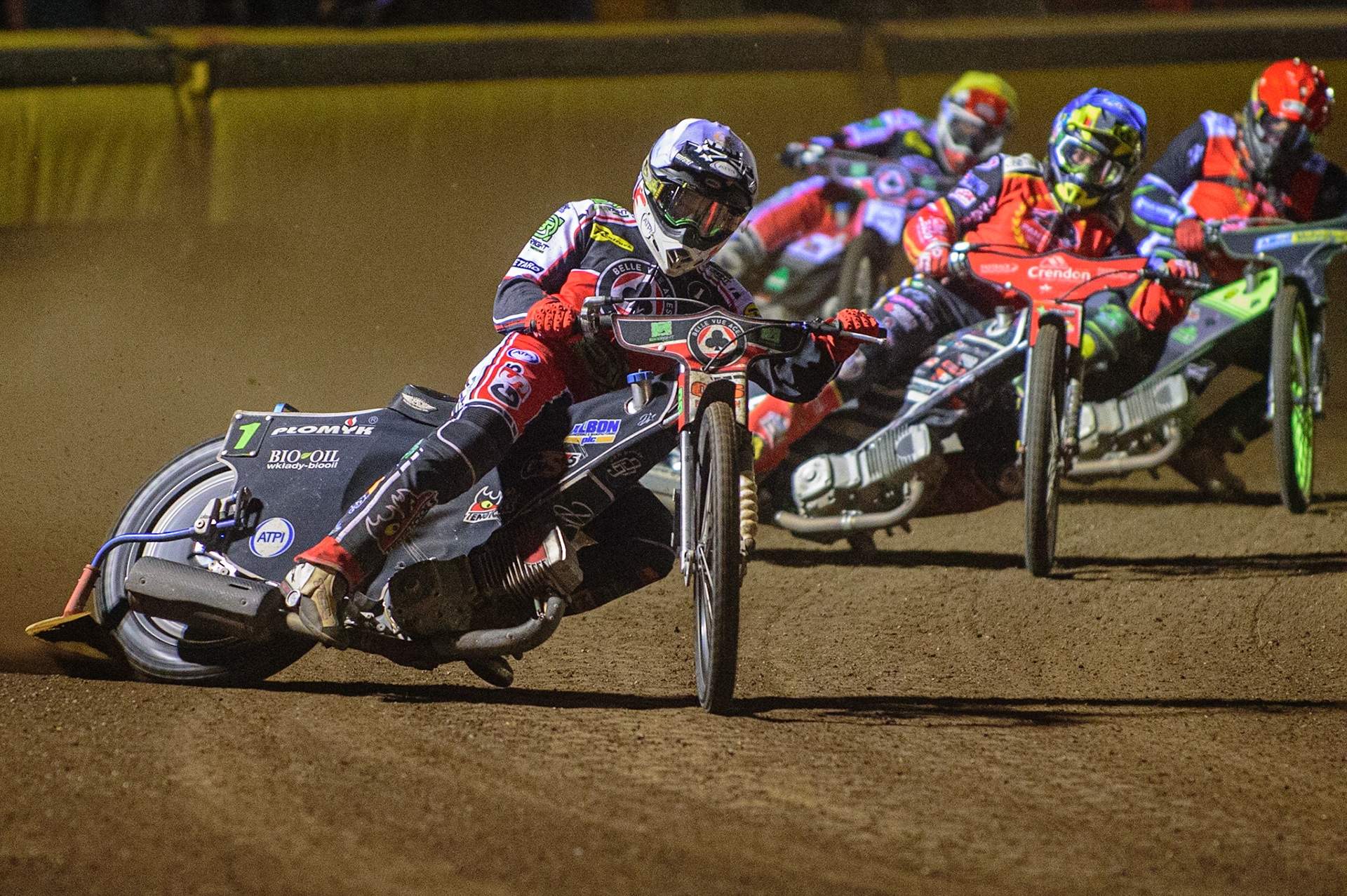 PETERBOROUGH, UK. OCT 14TH Dan Bewley  (White) leads Scott Nicholls  (Blue) Craig Cook (Red) and Richie Worrall  (Yellow) during the SGB Premiership Grand Final 2nd leg between Peterborough and Belle Vue Aces at East of England Showground, Peterborough on Thursday 14th October 2021. (Credit: Ian Charles | MI News)