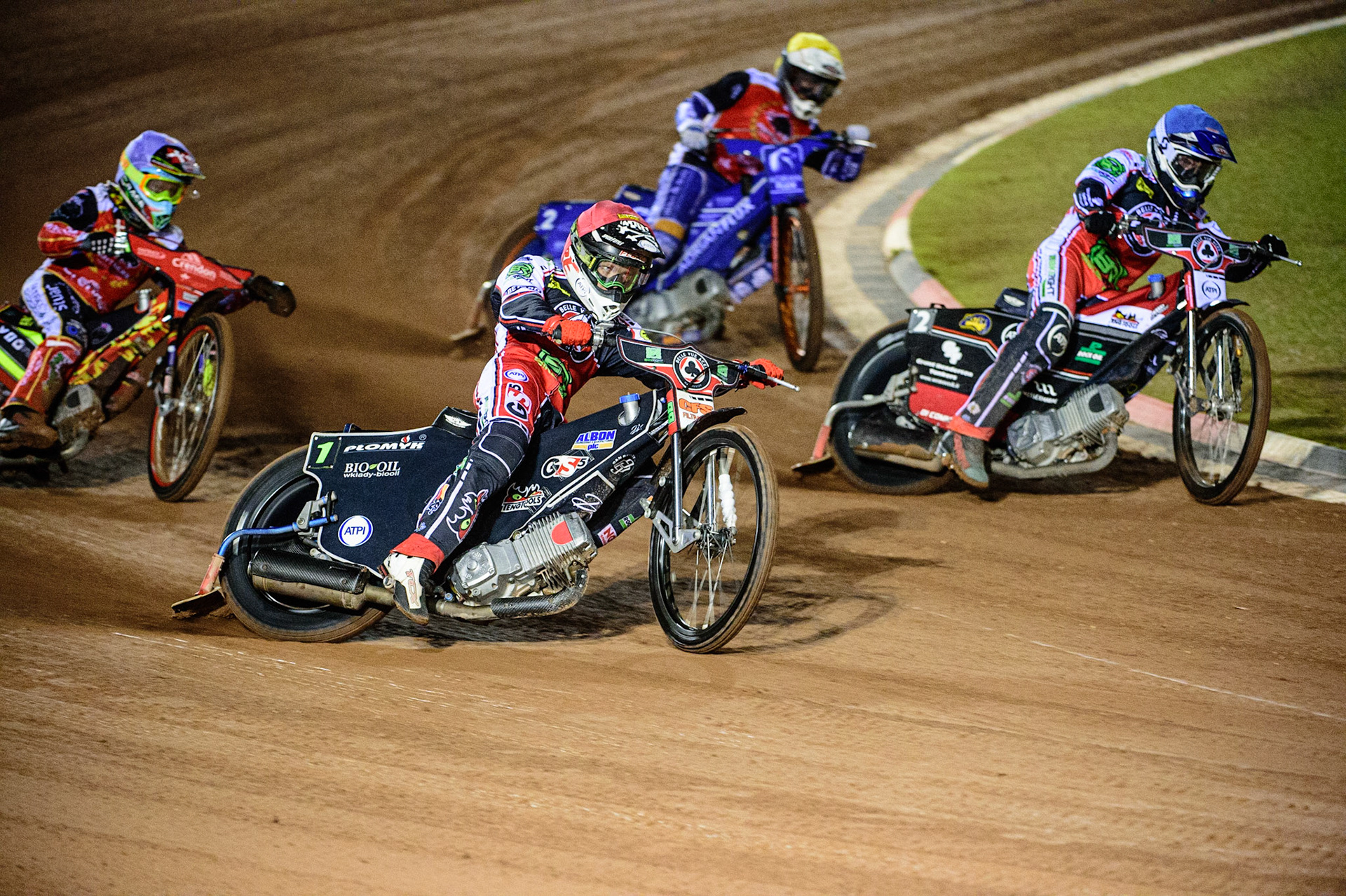 MANCHESTER, UK. OCT 11TH  Dan Bewley  (Red) and Richie Worrall  (Blue) lead Michael Palm Toft  (White) and Lewis Kerr  (Yellow) during the SGB Premiership Grand Final 1st Leg between Belle Vue Aces and Peterborough Panthers at the National Speedway Stadium, Manchester on Monday 11th October 2021. (Credit: Ian Charles | MI News)