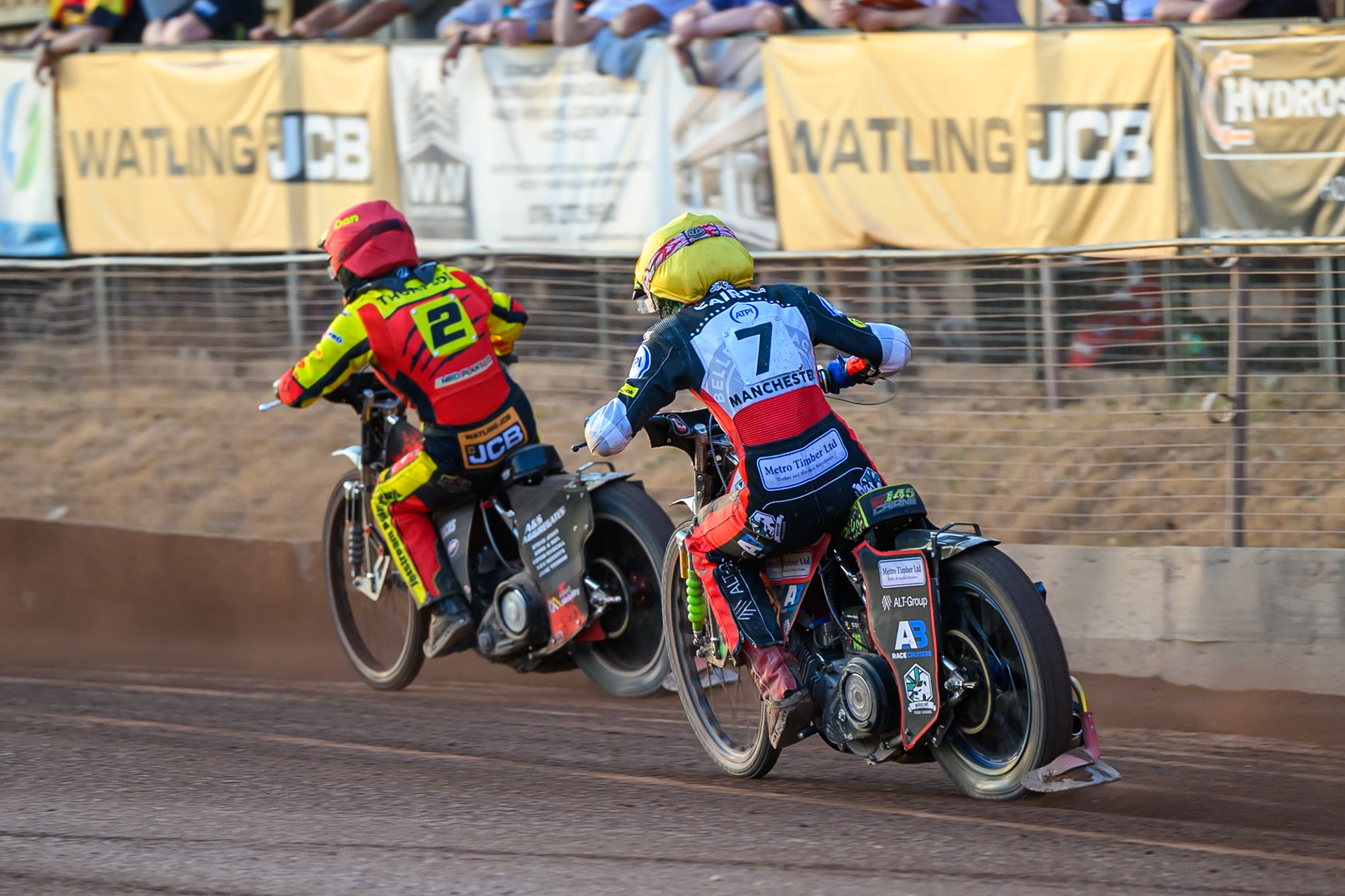 Will Cairns of Belle Vue Aces in Yellow chases Dan Thompson of Leicester Lions  in Red during the Rowe Motor Oil Premiership match between Leicester Lions and Belle Vue Aces at the Hydroscan Arena, Leicester on Thursday 23rd July 2026. (Photo: Ian Charles | MI News)