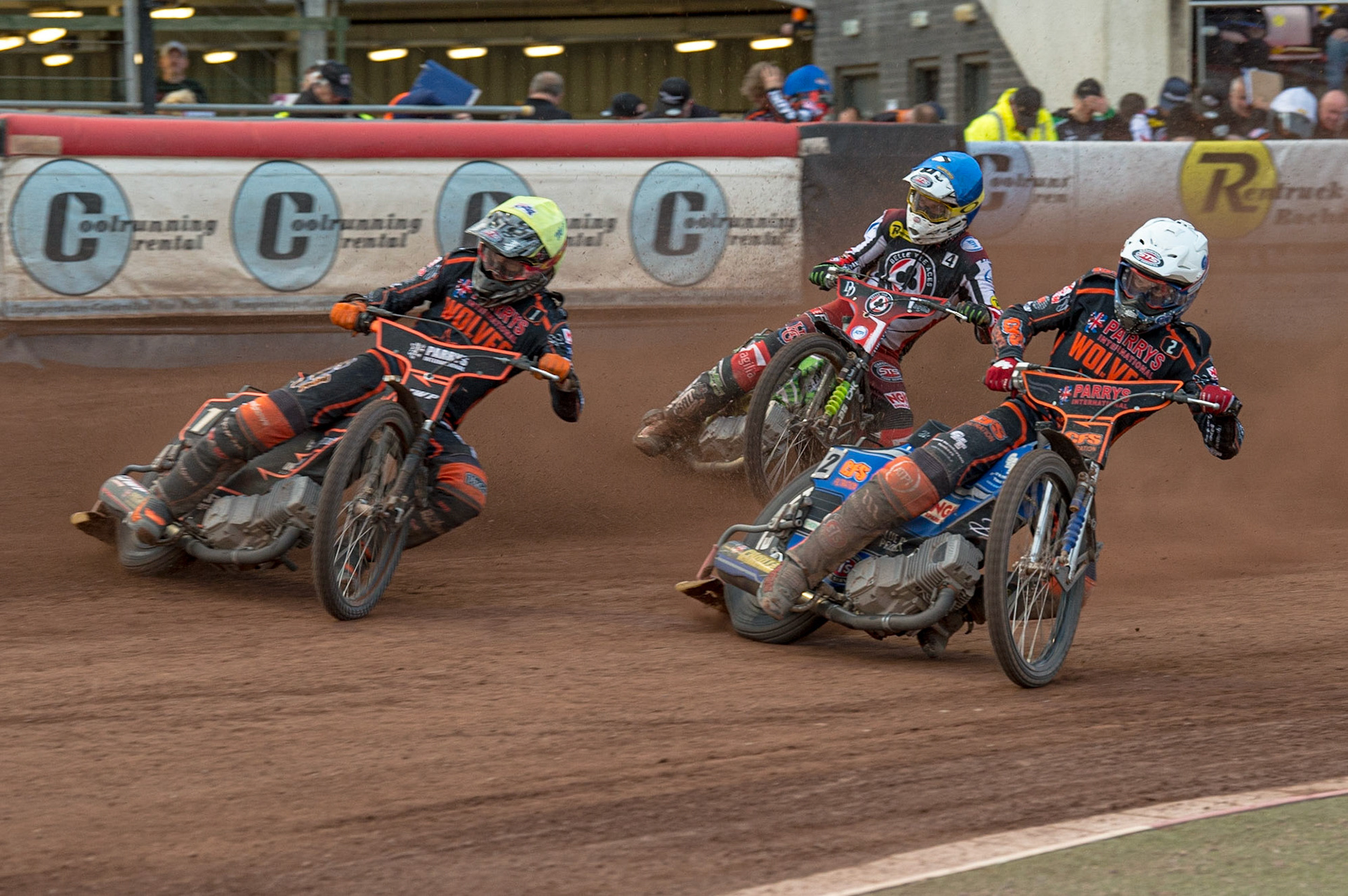MANCHESTER, UK. JUN 13TH Steve Worrall  (White) and Sam Masters  (Yellow) lead Charles Wright  (Blue) during the SGB Premiership match between Belle Vue Aces and Wolverhampton  Wolves at the National Speedway Stadium, Manchester on Monday 13th June 2022. (Credit: Ian Charles | MI News)