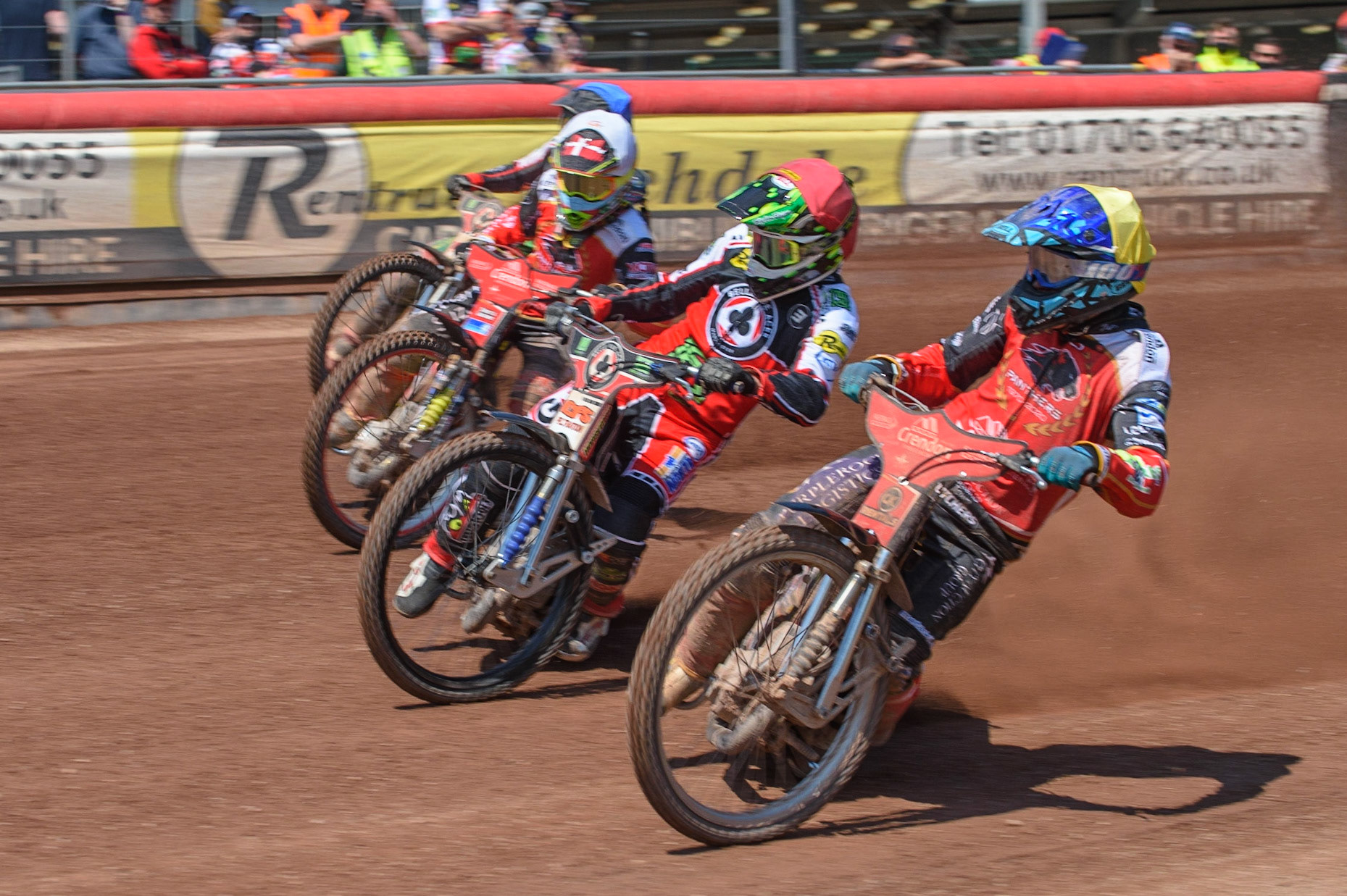 MANCHESTER, UK. MAY 31ST  Ulrich Ostergaard  (Yellow) inside Dan Bewley  (Red), Michael Palm Toft  (White) and Tom Brennan  (Blue) during the SGB Premiership match between Belle Vue Aces and Peterborough at the National Speedway Stadium, Manchester on Monday 31st May 2021. (Credit: Ian Charles | MI News)