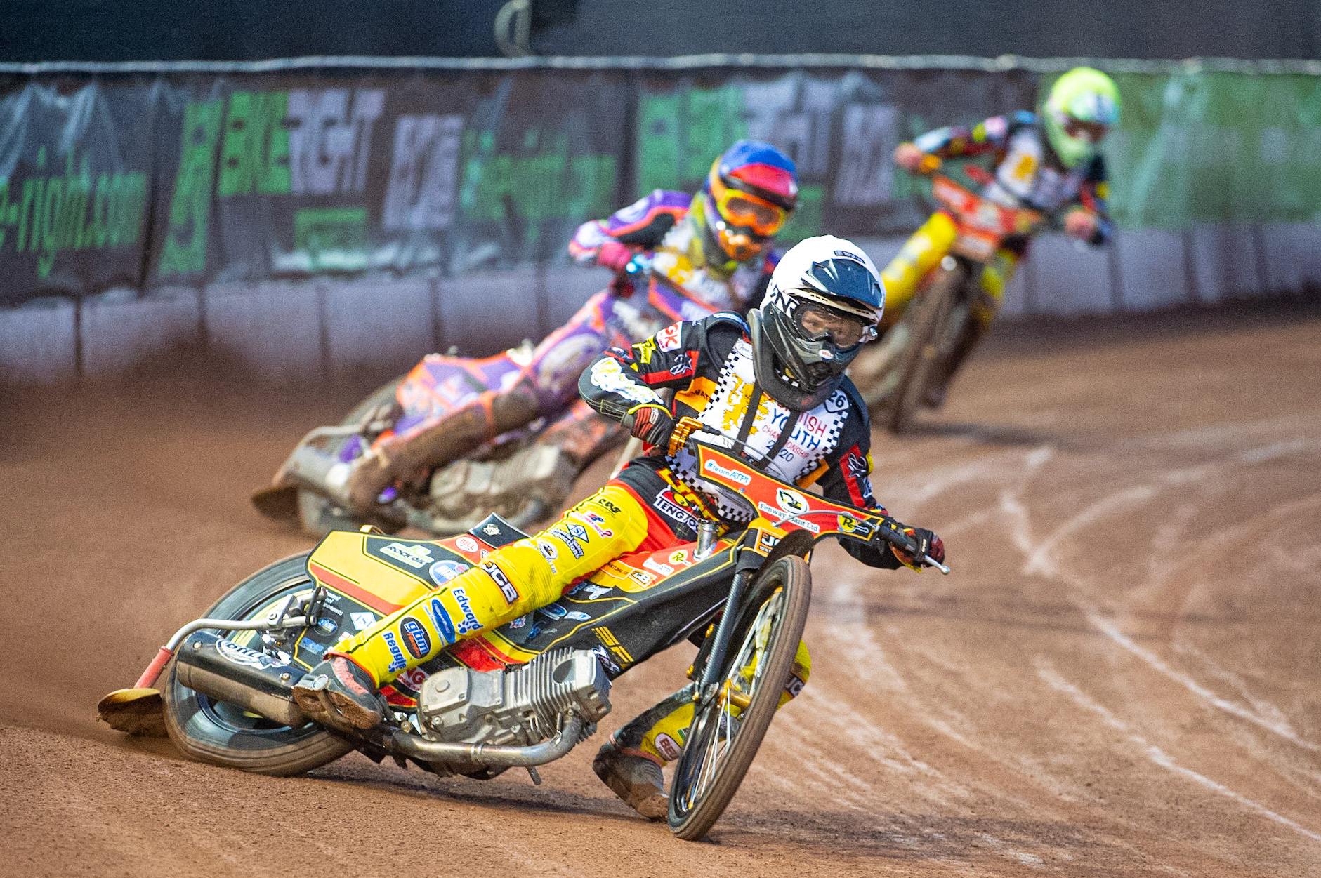 Photo: Ian CharlesDan Thompson (White) leads Elliot Kelly (Blue) and Joe Thompson (500cc A Class)British Youth Speedway Championship (Round 5), National Speedway Stadium, Manchester Saturday  10  October  2020