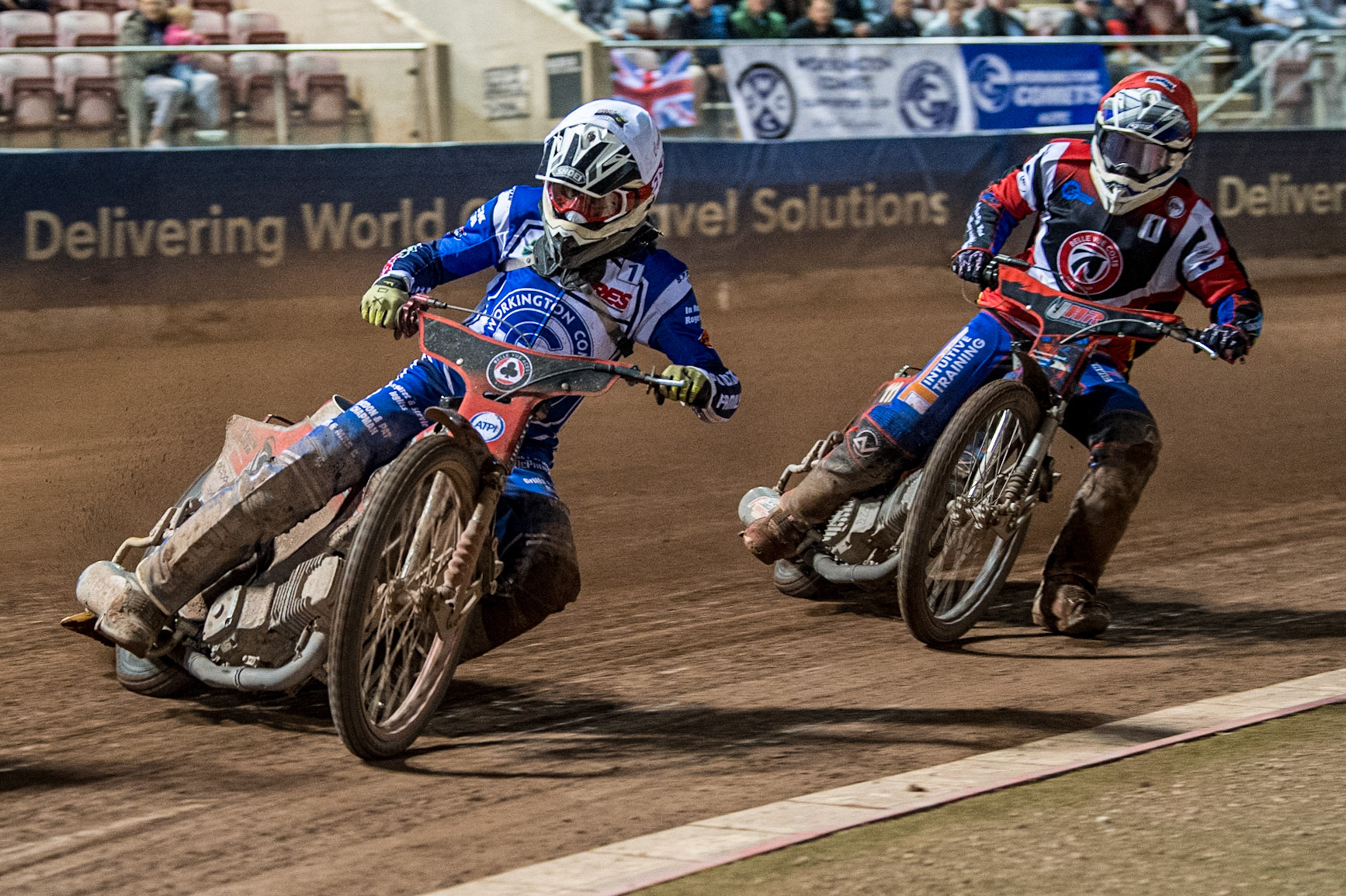 Connor Bailey (White) leads  Jacob Hook (Red) during the National Development League match between Belle Vue Colts and Workington Comets at the National Speedway Stadium, Manchester on Friday 25th August 2023. (Photo: Ian Charles | MI News)