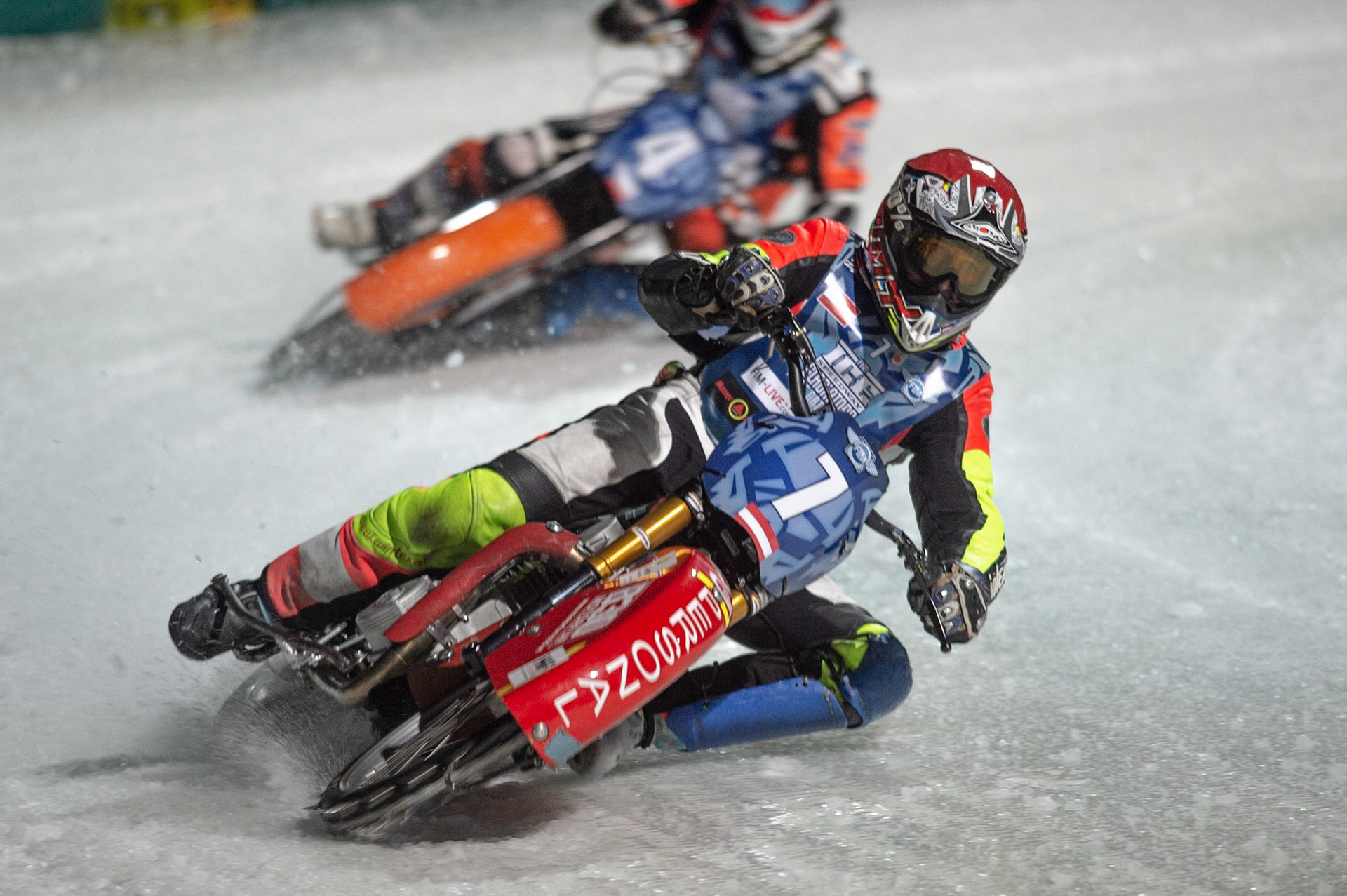 BERLIN GERMANY  - February 29  Harald Simon leads Lukas Hutla   during theIce Speedway of Nations (Day 1) at the Horst-Dohm-Eisstadion, Berlin,  on Saturday 29 February 2020. (Credit: Ian Charles | MI News)