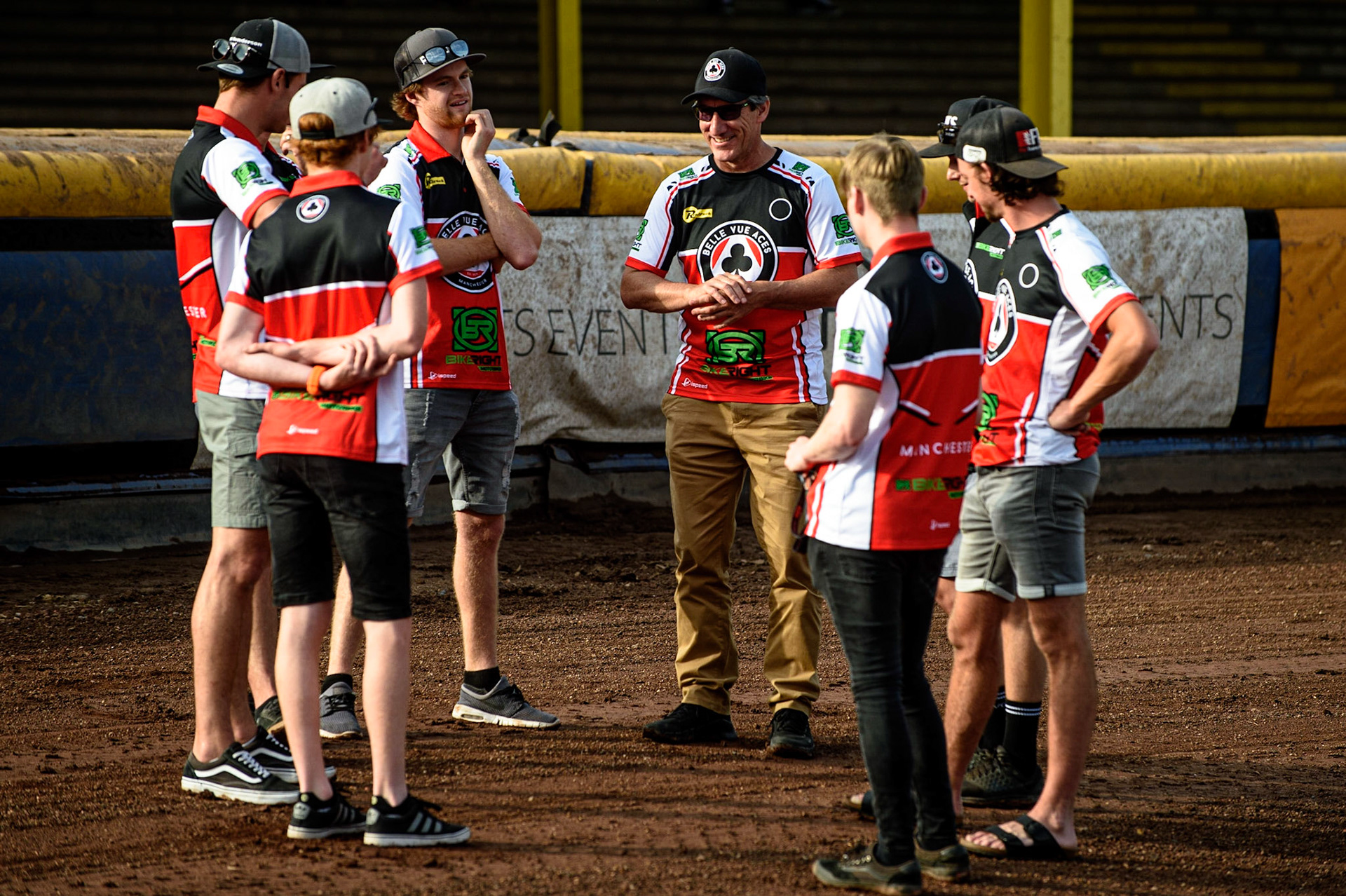 SHEFFIELD, UK. JULY 1ST     Belle Vue BikeRight Aces  team talk during the SGB Premiership match between Sheffield Tigers and Belle Vue Aces at Owlerton Stadium, Sheffield on Thursday 1st July 2021. (Credit: Ian Charles | MI News)