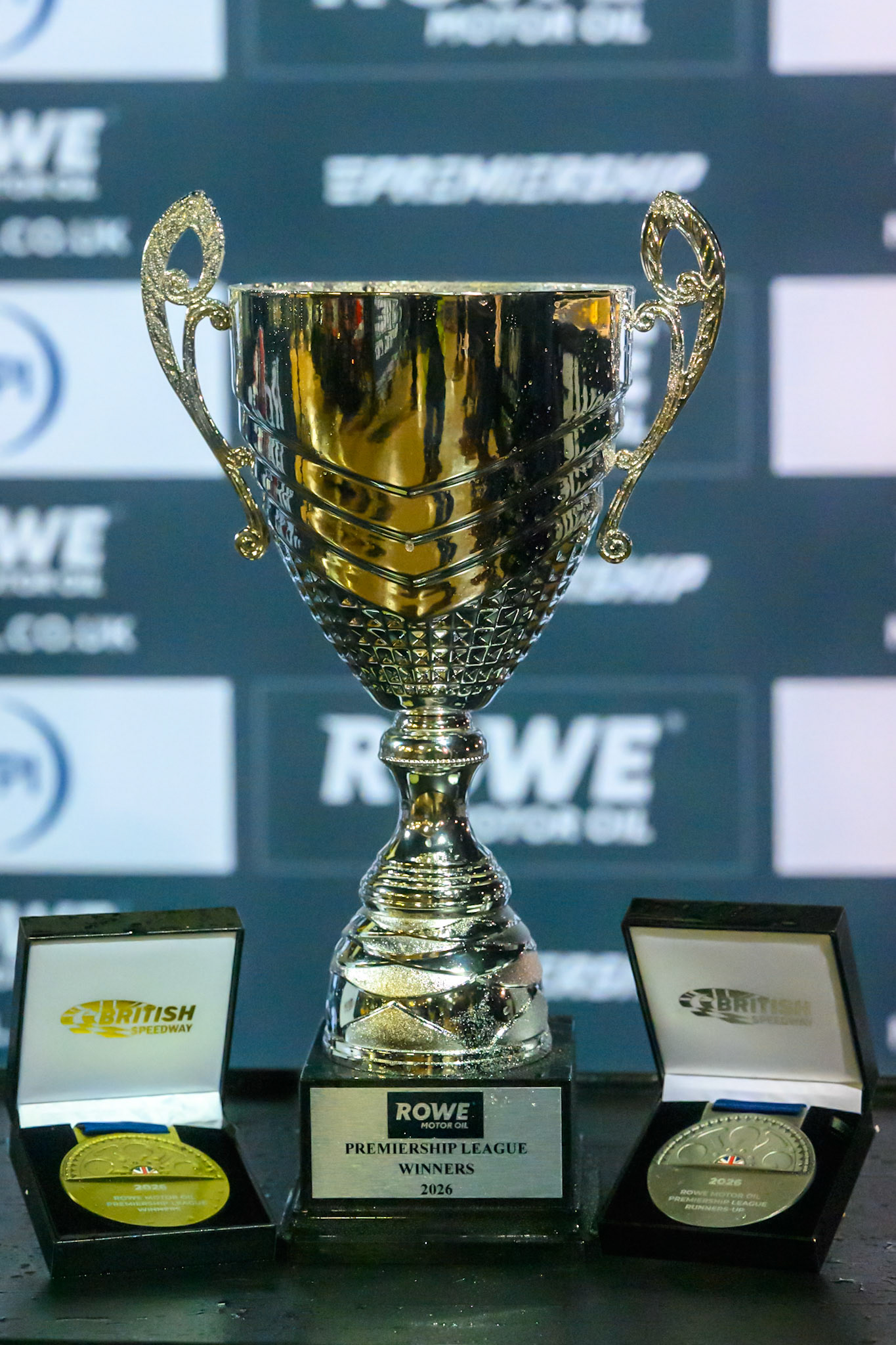 The Rowe Oil Premiership Trophy and medals during the Rowe Motor Oil Premiership Grand Final 1st Leg match between Sheffield Tigers and Belle Vue Aces at Owlerton Stadium, Sheffield on Monday 12th October 2026. (Photo: Ian Charles | MI News)