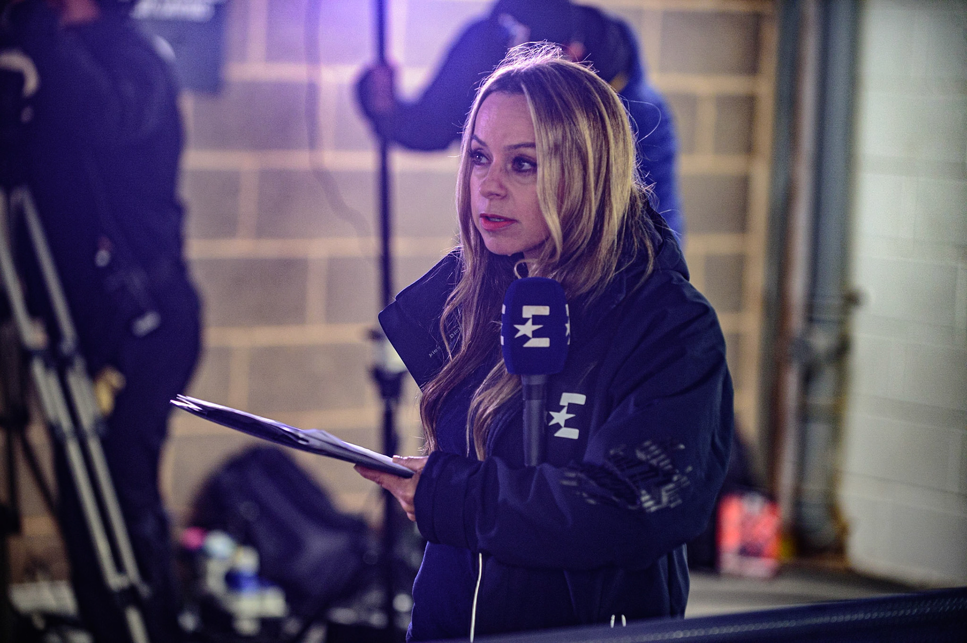 MANCHESTER, UK. OCT 11TH  Eurosport presenter Abi Stephens during the SGB Premiership Grand Final 1st Leg between Belle Vue Aces and Peterborough Panthers at the National Speedway Stadium, Manchester on Monday 11th October 2021. (Credit: Ian Charles | MI News)
