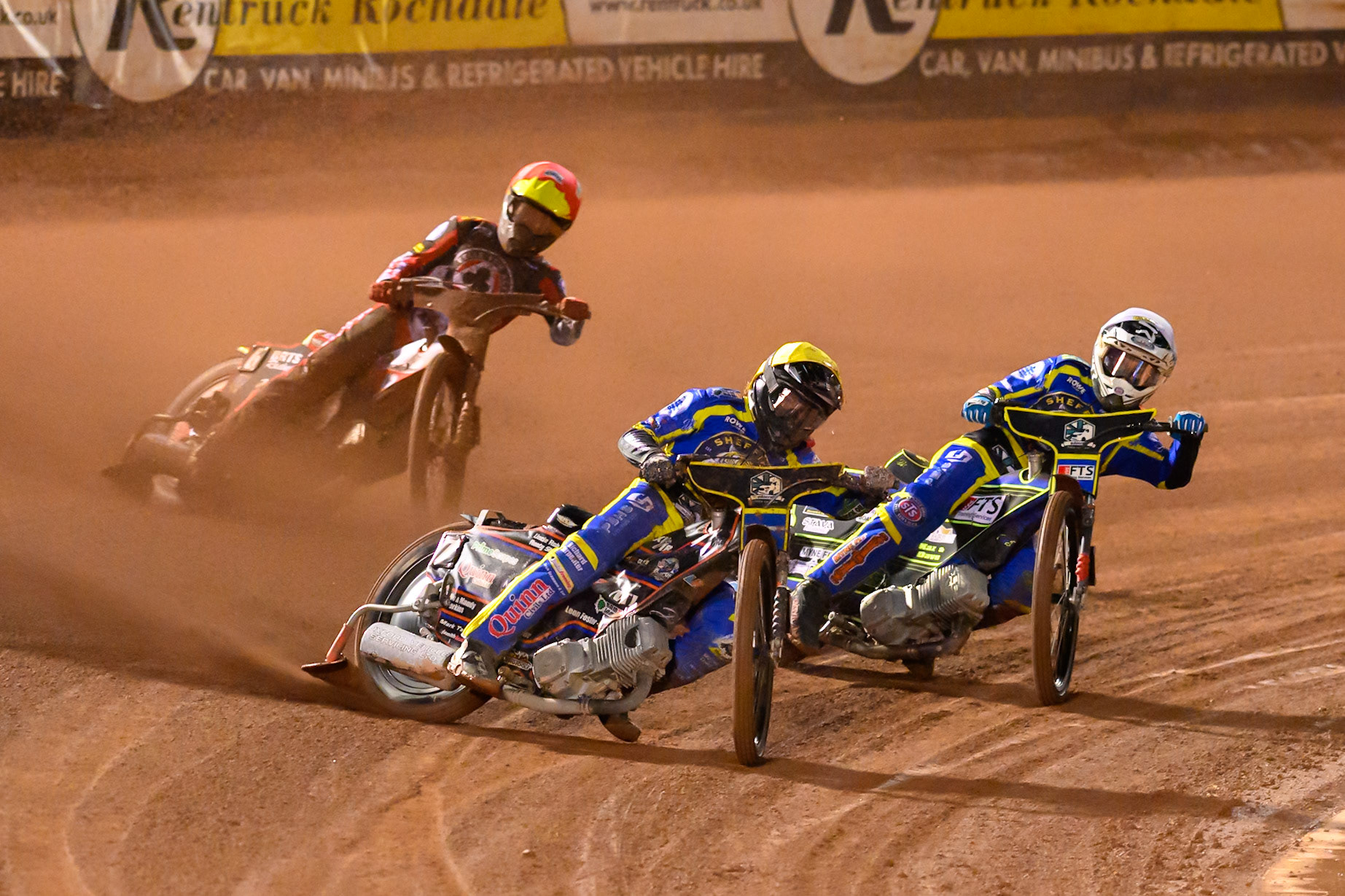 Luke Killeen of Sheffield Tigers in Yellow leading Jye Etheridge of Sheffield Tigers in White  and Tate Zischke of Belle Vue Aces in Red during the Rowe Motor Oil Premiership Grand Final 2nd Leg between Belle Vue Aces and Sheffield Tigers at the National Speedway Stadium, Manchester on Friday 16th October 2026. (Photo: Ian Charles | MI News)