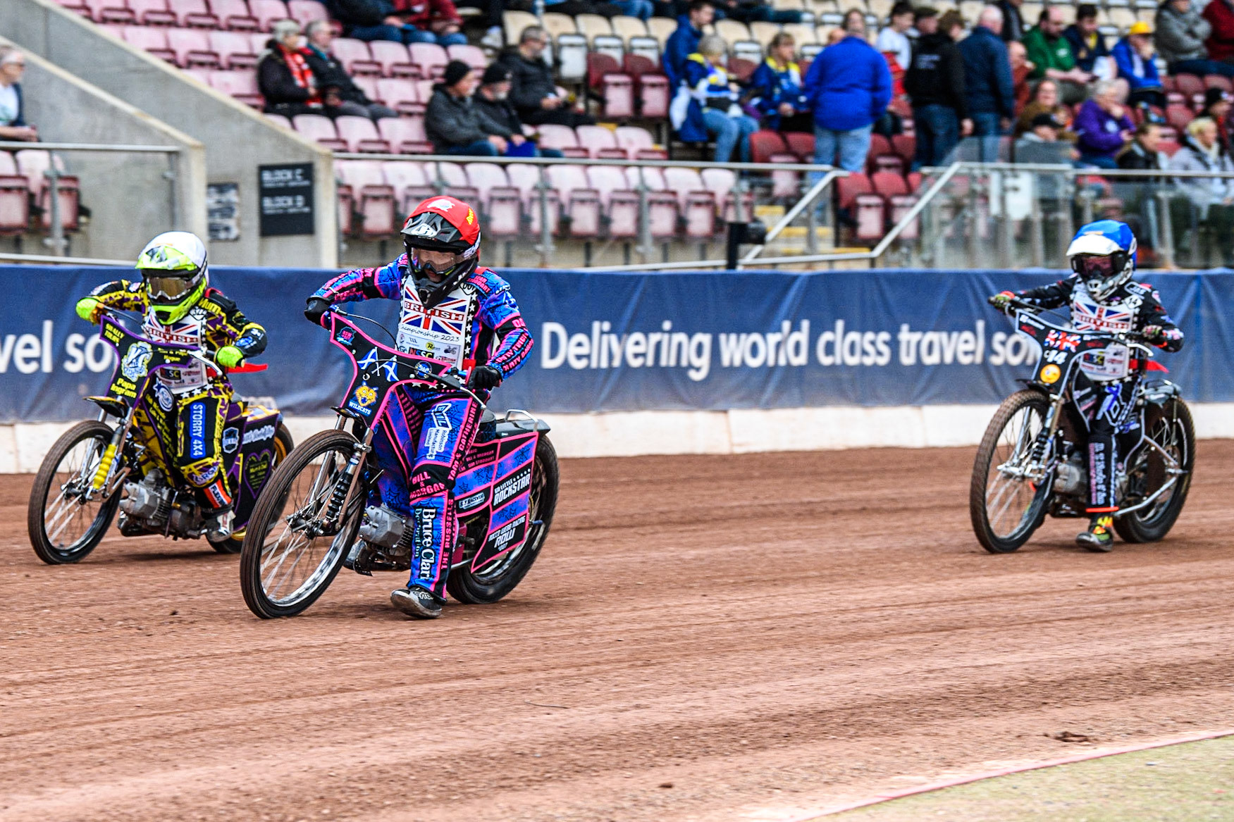 Rocco Webb (Red) leads Lewis Hague (White) and Kane Newby (Blue) during the British Youth Championships at the National Speedway Stadium, Manchester on Friday 12th May 2023. (Photo: Ian Charles | MI News)