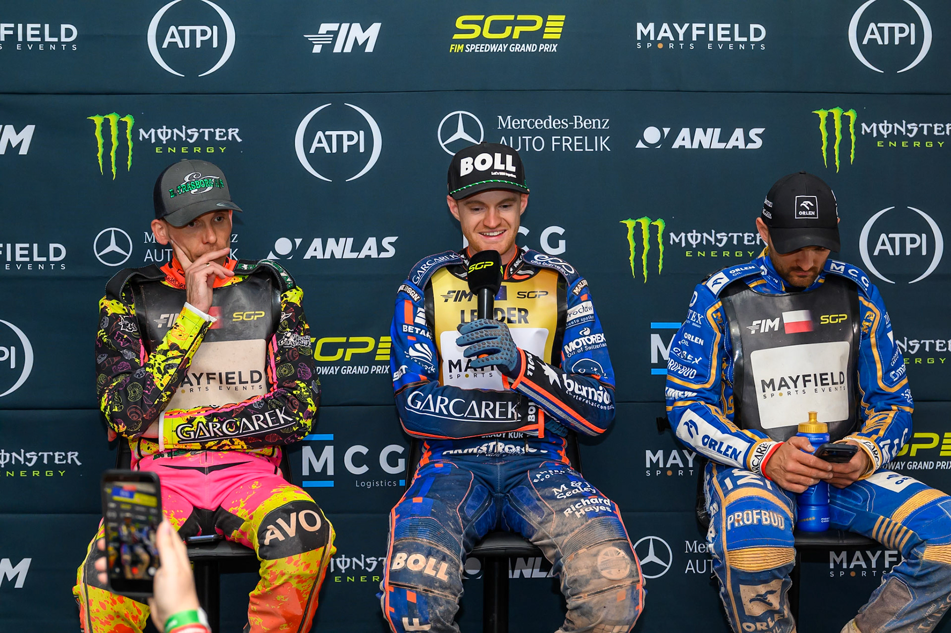 Press Conference: (L to R) Michael Jepsen Jensen, Brady Kurtz and Bartosz Zmarzlik during the ATPI  FIM Speedway GP of Manchester at the National Speedway Stadium, Manchester on Saturday 6th June 2026. (Photo: Ian Charles | MI News)