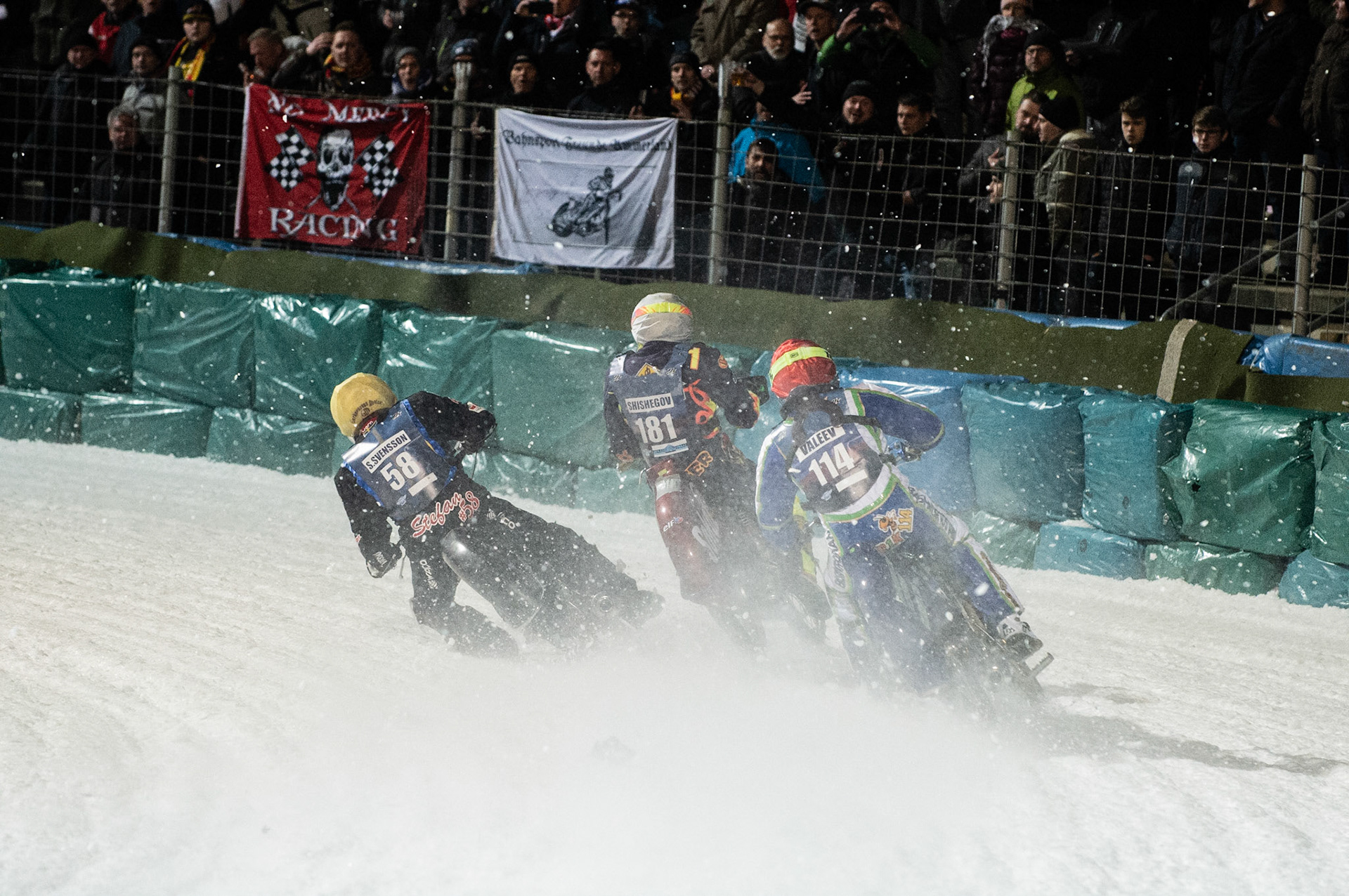 Photo: Ian Charles

Stefan Svensson (58) hits a rut inside Andrei Shishegov (181) and Dinar Valeev (114) causing Shishegov to fall

FIM Ice Speedway Gladiators World Championship, Final 3.1, Horst-Dohm Eisstadion, Berlin, Germany Saturday  2  March  2019