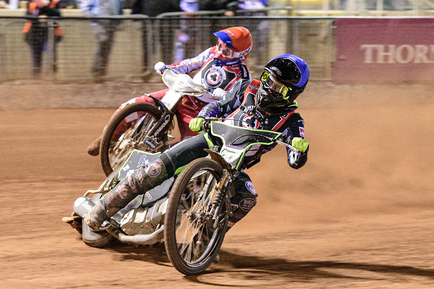 MANCHESTER, UK. MAR 21ST. Tom Brennan (Blue) leads Tobiasz Musielak (Red) during the ATPI Peter Craven Memorial Trophy at the National Speedway Stadium, Manchester on Monday 21st March 2022. (Credit: Ian Charles | MI News)