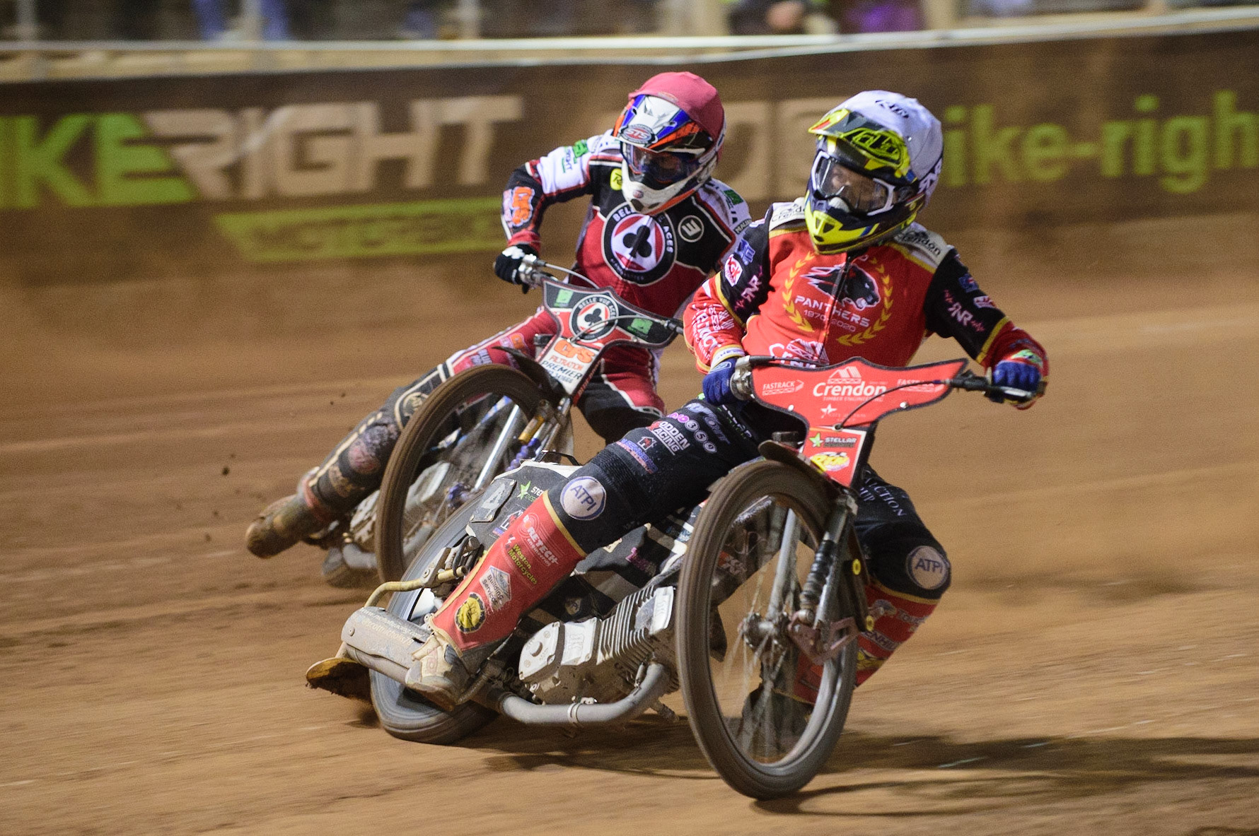 MANCHESTER, UK. OCT 11TH  Scott Nicholls  (White) leads Steve Worrall   (Red) during the SGB Premiership Grand Final 1st Leg between Belle Vue Aces and Peterborough Panthers at the National Speedway Stadium, Manchester on Monday 11th October 2021. (Credit: Ian Charles | MI News)
