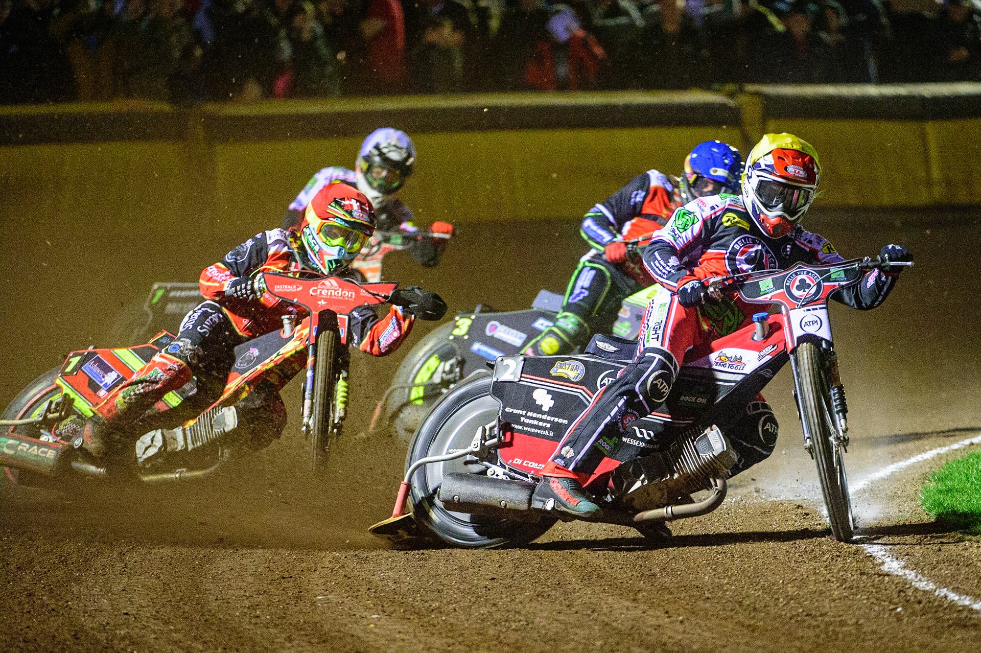 PETERBOROUGH, UK. OCT 14TH Richie Worrall (Yellow) leads Craig Cook (Blue) and Michael Palm Toft  (Red)with Dan Bewley  (White) behind during the SGB Premiership Grand Final 2nd leg between Peterborough and Belle Vue Aces at East of England Showground, Peterborough on Thursday 14th October 2021. (Credit: Ian Charles | MI News)