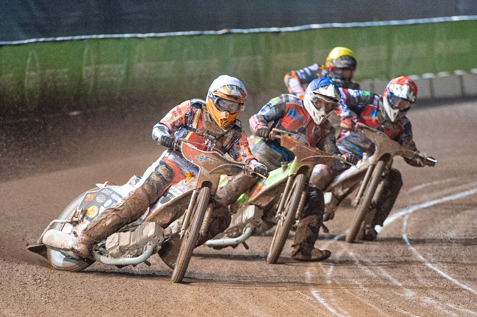 Photo: Ian Charles

Jordan Jenkins  (White) leads Ben Woodhull   (Blue) Connor Bailey  (Red) and Alex Spooner  (Yellow)

Belle Vue Colts v Kent Kings, SGB National League Play Offs, Semi Final 1st Leg, Belle Vue National Speedway Stadium, Manchester, Friday 4  October  2019
