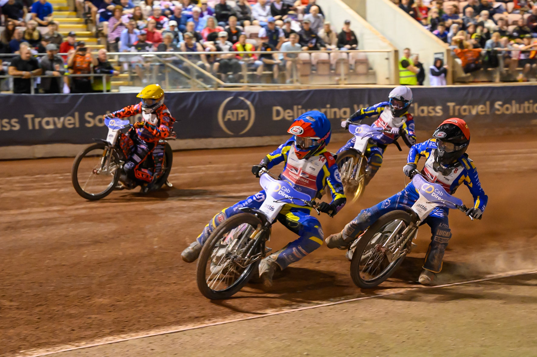 SEMI FINAL: Leon Flint (14) in Blue leading Dan Thompson (8) in Red , Cooper Rushen (2) in Yellow  and Anders Rowe (1) in White during the Cab Direct British Speedway Championship Final at the National Speedway Stadium, Manchester on Saturday 15th August 2026. (Photo: Ian Charles | MI News)