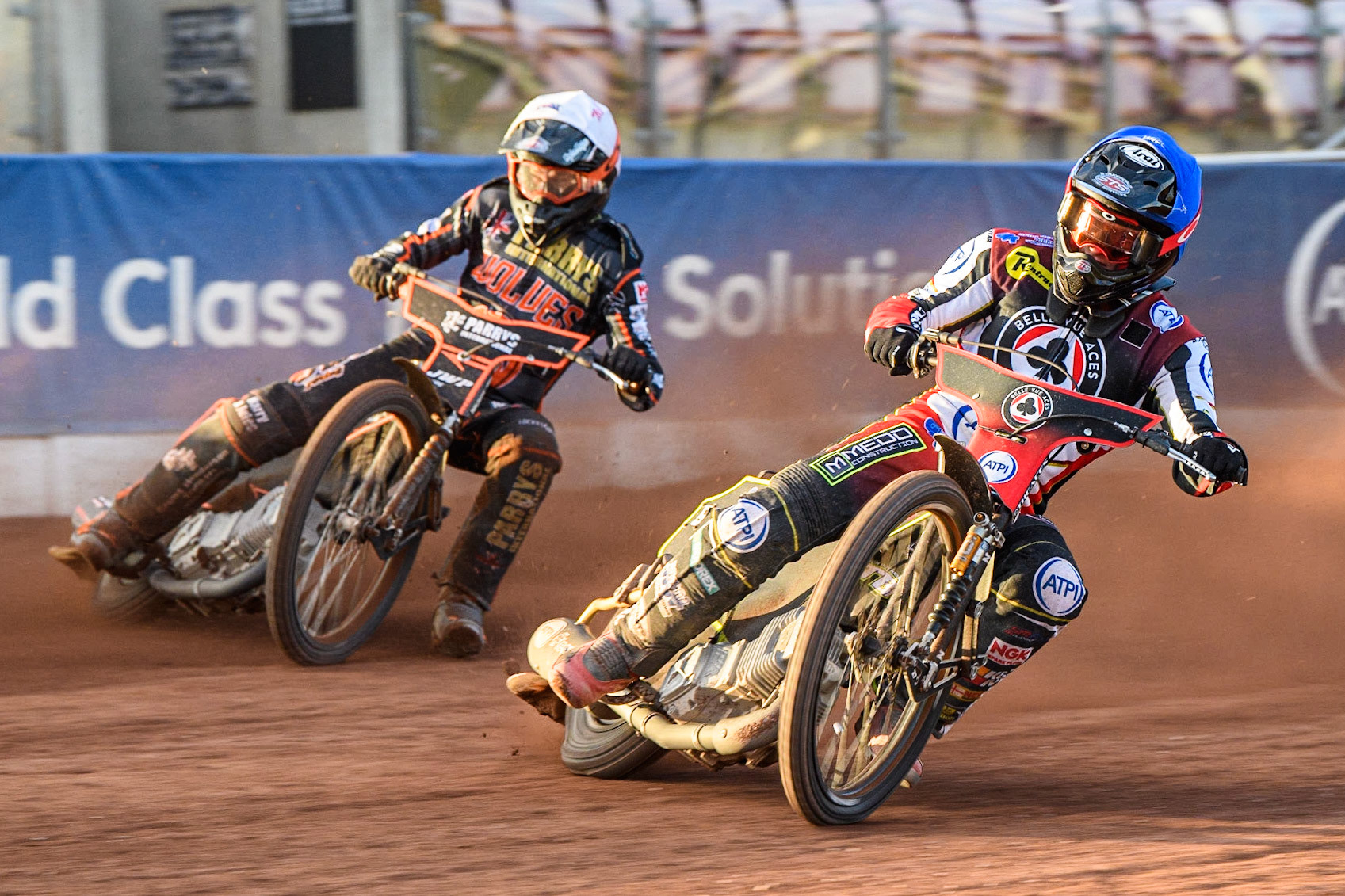 Charles Wright (Blue) inside Ryan Douglas (White) during the Sports Insure Premiership match between Belle Vue Aces and Wolverhampton Wolves at the National Speedway Stadium, Manchester on Monday 3rd July 2023. (Photo: Ian Charles | MI News)