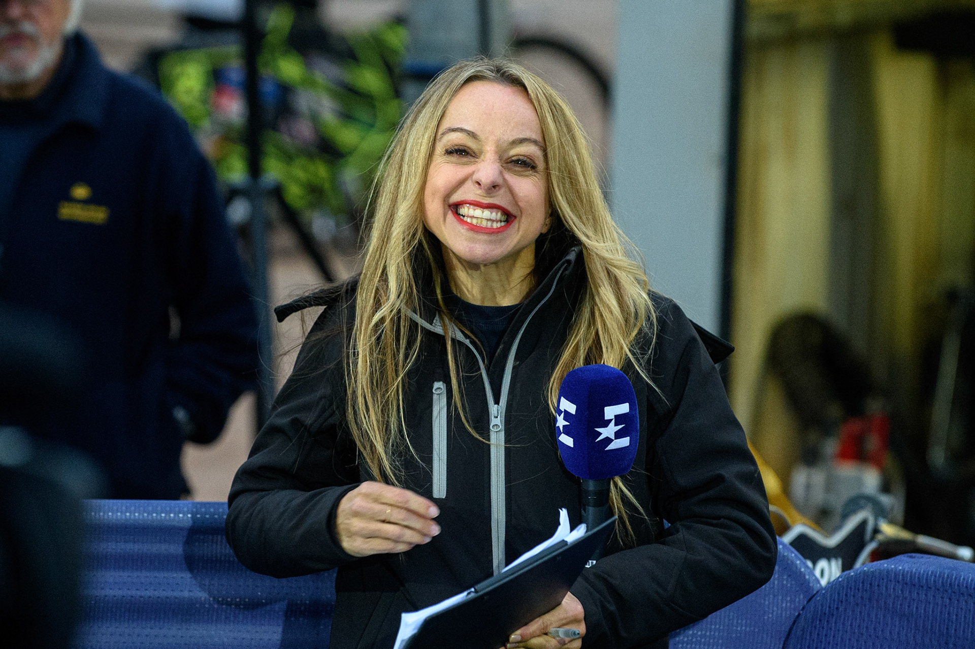 WOLVERHAMPTON, UK. AUGUST 30TH. Abi Atevens, the Eurosport presenter during the SGB Premiership match between Wolverhampton Wolves and Belle Vue Aces at Monmore Green Stadium, Wolverhampton on Monday 30th August 2021. (Credit: Ian Charles | MI News)