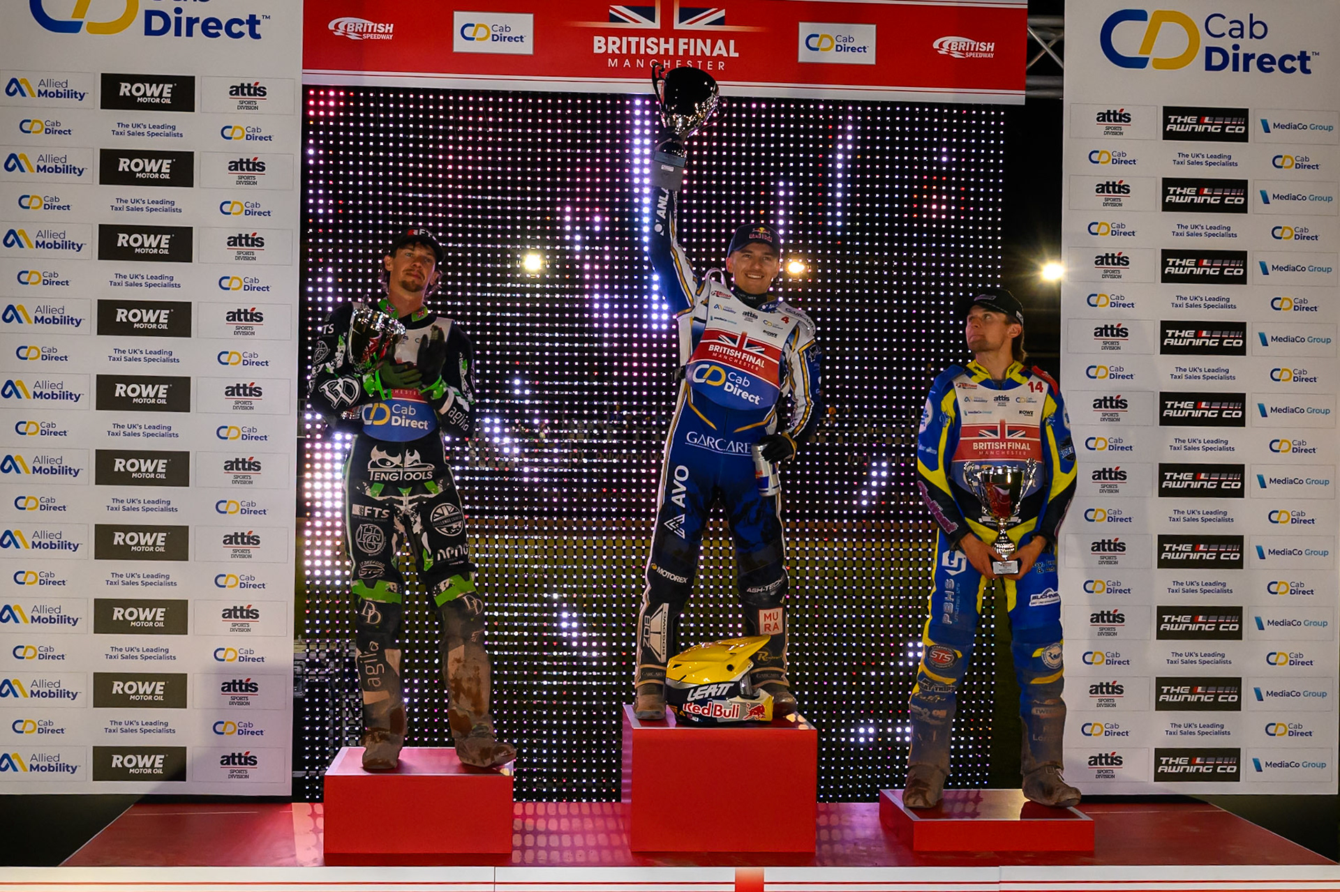 Top3: (L to R)  Charles Wright (2nd), Robert Lambert (Winner), Leon Flint (3rd) during the Cab Direct British Speedway Championship Final at the National Speedway Stadium, Manchester on Saturday 15th August 2026. (Photo: Ian Charles | MI News)