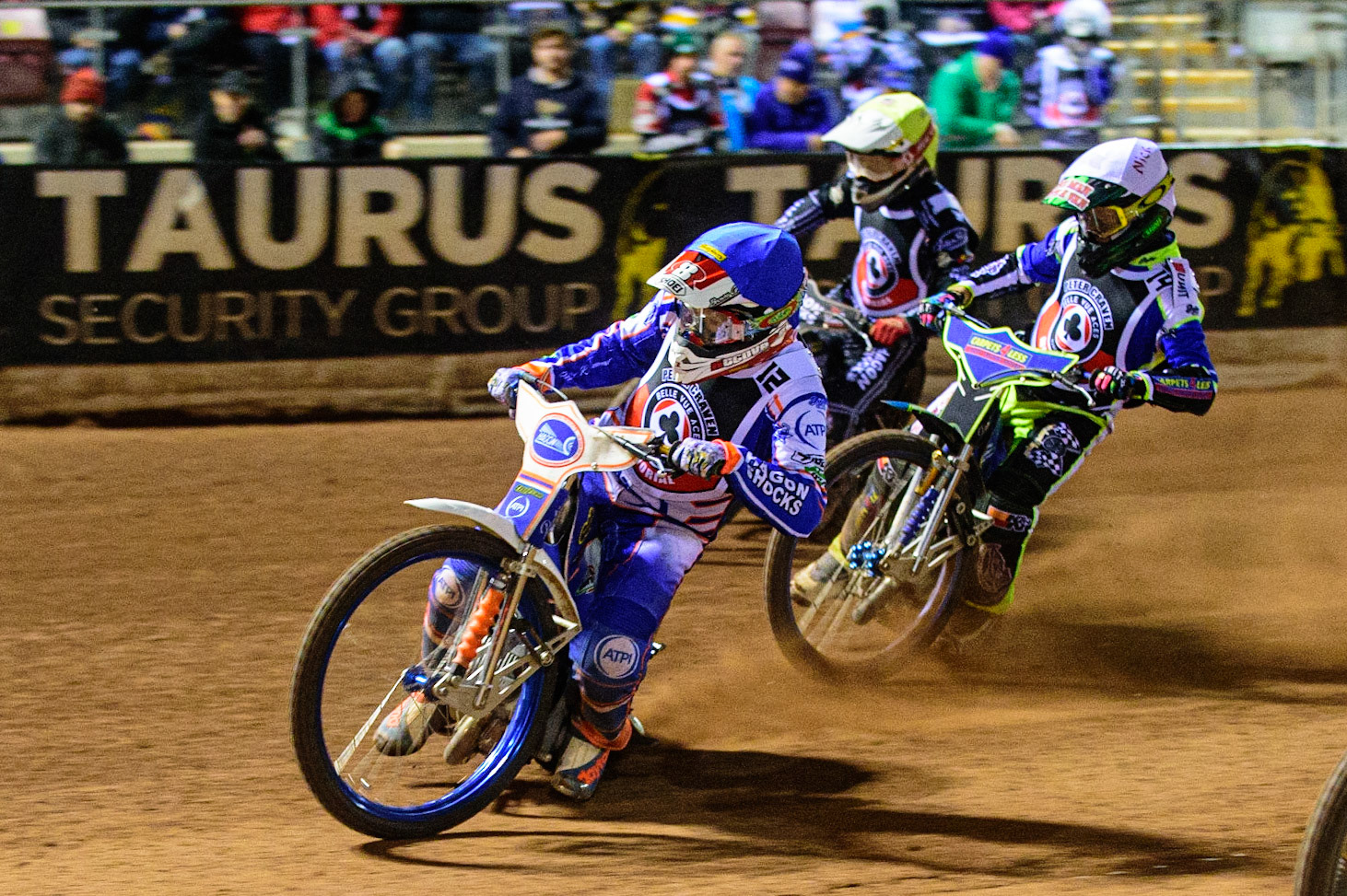 MANCHESTER, UK. OCT 23RD  Jason Crump  (Blue) leads Nick Morris  (White) and Broc Nicol  (Yellow)  during the Peter Craven Memorial Trophy event at the National Speedway Stadium, Manchester on Saturday 23rd October 2021. (Credit: Ian Charles | MI News)