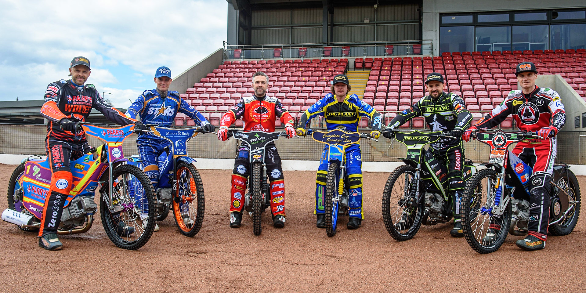 Photo: Ian CharlesThe Premier League Captains: (l-r) Rory Schlein, Lewis Kerr, Scott Nichols, Kyle Howarth, Danny King, Steve WorrallDiscovery Networks Eurosport Speedway Season Launch, National Speedway Stadium, Manchester Wednesday  12  May  2021