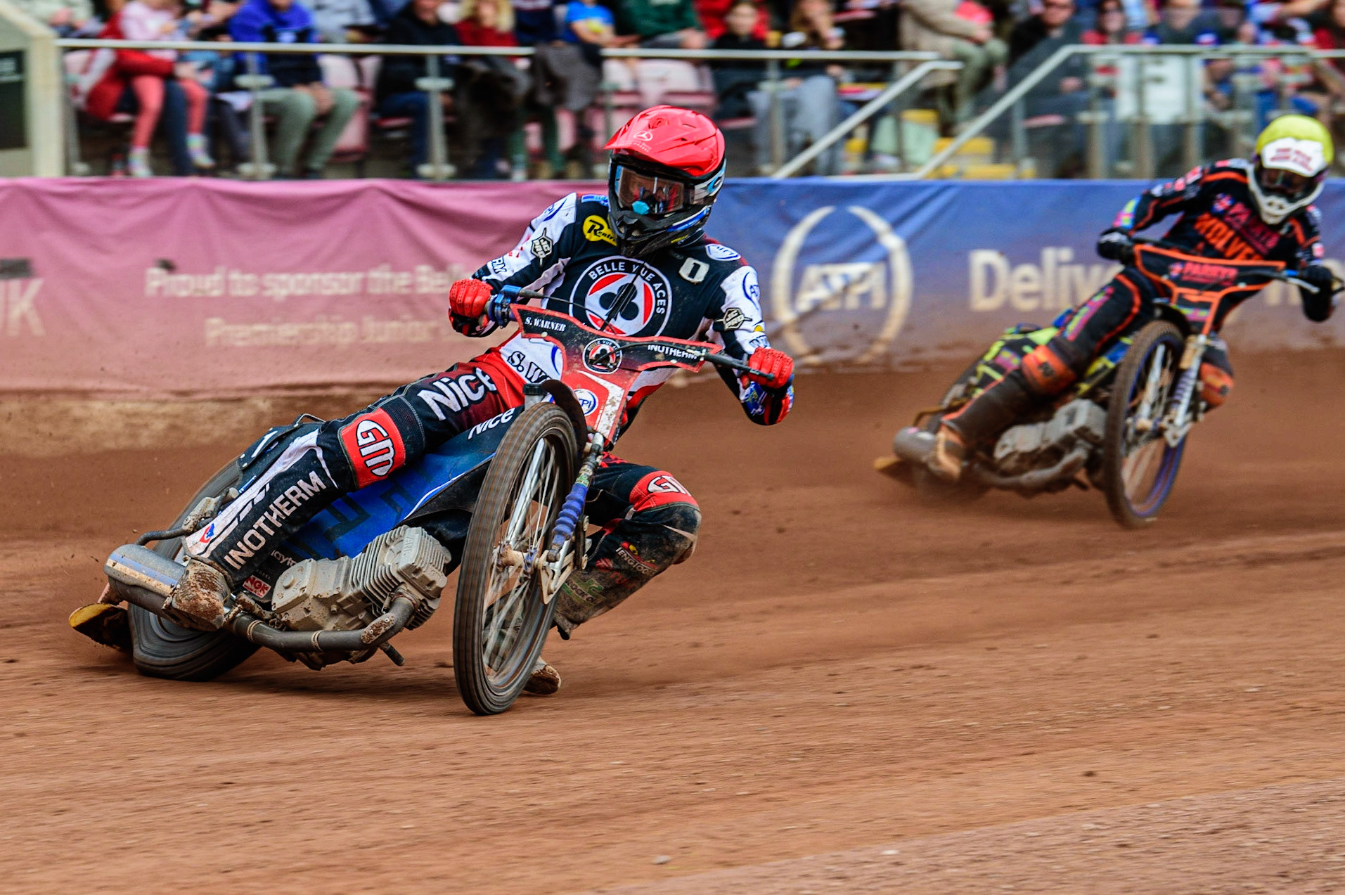 Matej Zagar  (Red) leads Nick Morris  (Yellow) during the SGB Premiership match between Belle Vue Aces and Wolverhampton Wolves at the National Speedway Stadium, Manchester on Monday 29th August 2022. (Credit: Ian Charles | MI News)