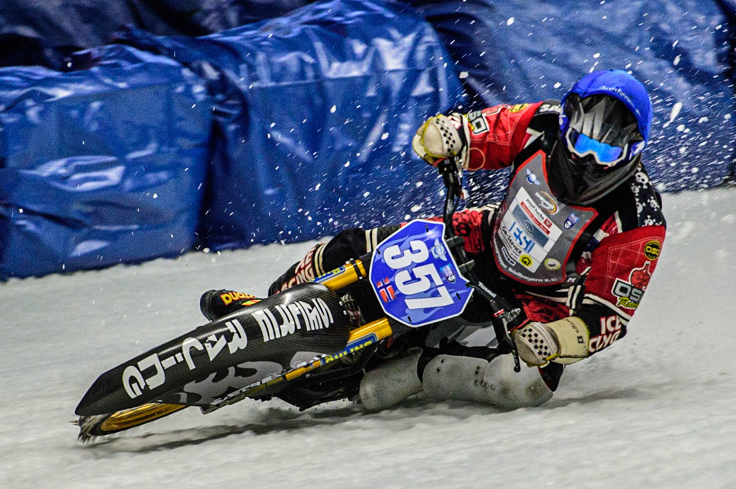 Jo Saetre (357) in action during the Ice Speedway Gladiators World Championship Final 1 at Max-Aicher-Arena, Inzell, Germany on Saturday 18th March 2023. (Photo: Ian Charles | MI News)