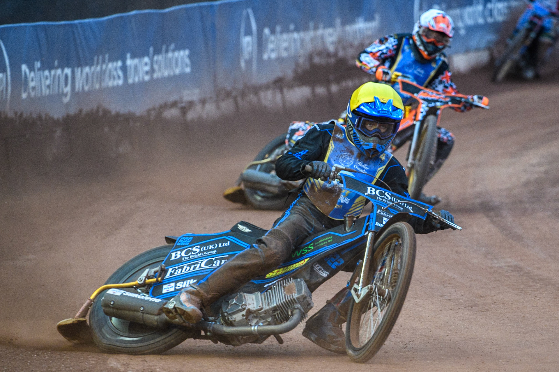 Ashton Boughen (Yellow) leads team mate Mickie Simpson (Yellow) during the National Development League match between Belle Vue Colts and Edinburgh Monarchs Academy at the National Speedway Stadium, Manchester on Friday 21st July 2023. (Photo: Ian Charles | MI News)