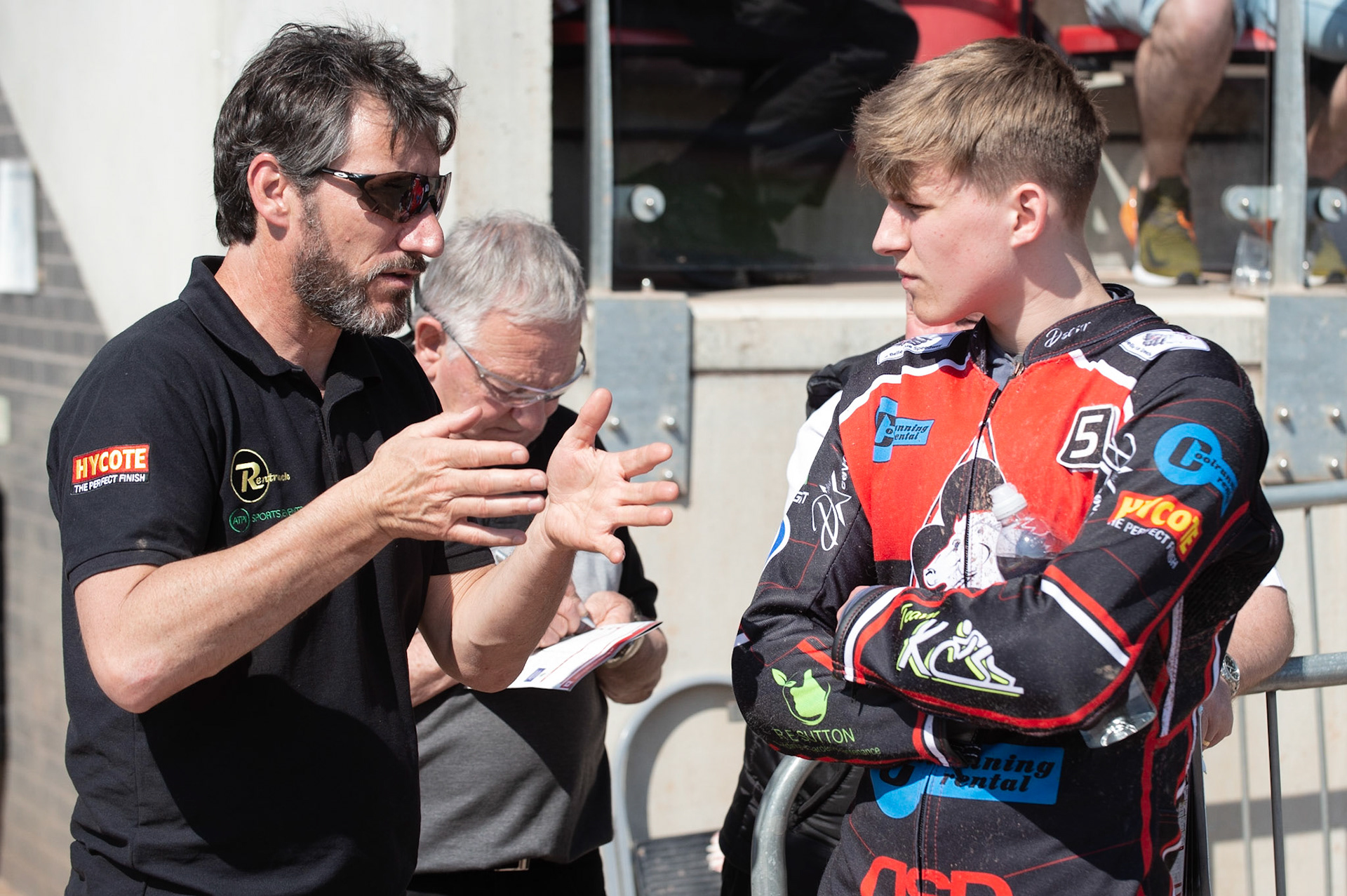 Photo: Ian Charles

Mark Lemon (left) passes on some advice to Kyle Bickley

Belle Vue Colts v Stoke Potters, National League, Belle Vue National Speedway Stadium, Manchester, Friday 19  April  2019